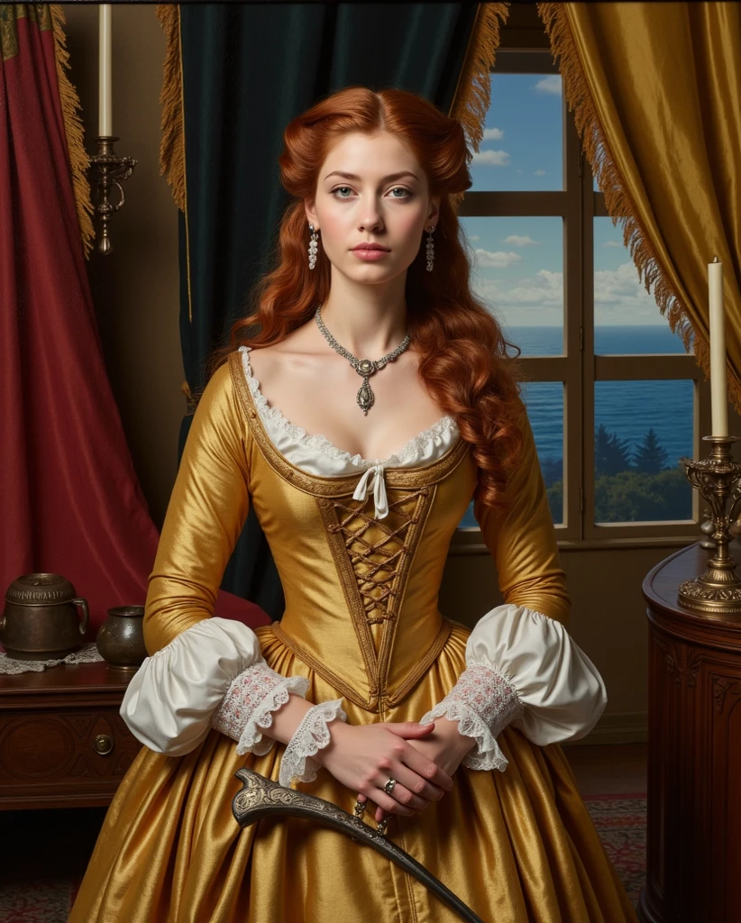 Face of Sophie Turner, Sansa Stark played by Sophie Turner, the de facto Lady of the Eyrie, is a 40-year-old mature queen with a stunning, alluring appearance. Full Face, pierced eyes, reddish lips, upper body shot, erotic Mediaeval costumes, game of thrones costumes, She wears a Game of Thrones-inspired costume and has a deep cleavage, a perfect thick body, and a perfect thick figure. The photograph captures her in a close-up, with her skin texture and facial features being ultra-realistic and realistic. Juicy thick figure, high quality skin, Skin pores, amazing details, 