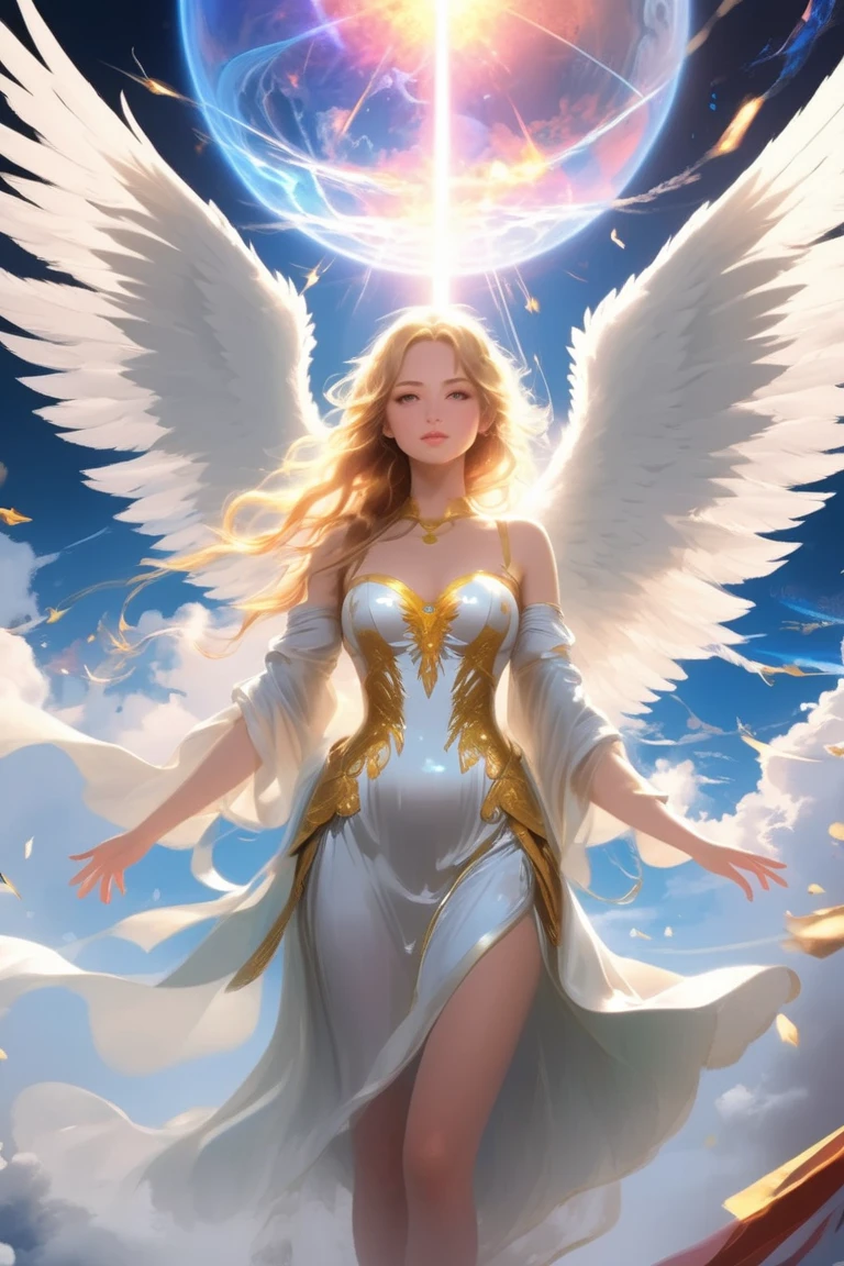 from front, looking straight at viewer, from above:1.2, god々new angel, gentle smile, big eyes, blonde, A neat dress with sleeves that hide the chest, Angel wings on the back, Glowing space background, Prayer-like pose, photorealistic
