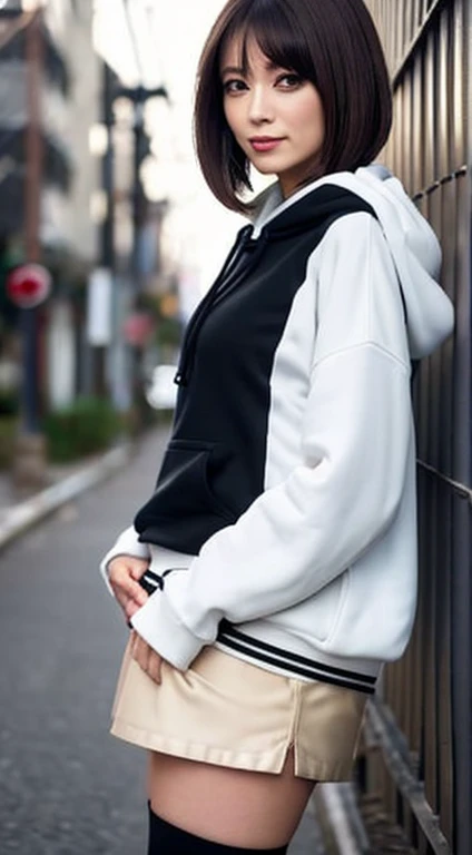 (((Dressing:1.8))), (((facing back:1.8, pantie shot:1.8))), (((Show the camera everything about your panties:1.5))), (((Lifted skirt:1.8))), (((white  panties:1.8, Oversized black sweatshirt:1.8, Pleated skirt in black:1.8))), ((In the street:1.8)), ((Smiling smile:1.8)), 1girl in, 独奏, 18year old, 7headed body, Ideal ratio body proportions, erectile nipple, Medium Hair, A dark-haired, With bangs, small tits, A slender, Small buttocks, beauty legs, Skinny Legs, surrealism, Cinematic lighting, depth of fields, One-person viewpoint, F/1.8, 135 mm, nffsw, masutepiece, ccurate, ((Anatomically correct:1.3)), Textured skin, Super Detail, high details, High quality, awardwinning, Best Quality, hight resolution, 8K