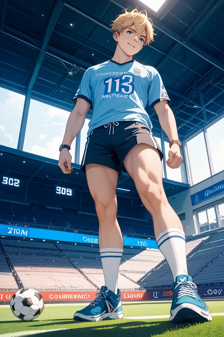 (((Best quality))),(((Ultra detailed))),(((Masterpiece)))，（Cute tall Shota：2），The height of a volleyball player，Titan muscles，Bodybuilding champion，solo person，（full bodyesbian：3），（Stay away from the lens：3），Expose your legs，（revealing the whole body：2），（Frontal heads-up view：1.2），malefocus，（looking at viewert），18yr old，（Tall：3），（Tall guy：2），Super tall，（Height 300 cm：2），Excellent body proportions，muscular physique，（1.The shoulders are 5 times wider：1.2），Right shoulders，Large trapezius muscles，（Slender straight legs：2.5），Slender feet，small heads，musculous，（The face of the animated male protagonist），Pure face，（Very detailed beautiful face and eyes：2），（Big bright eyes：2），Sharp eyeliner，Clear and beautiful face，exhilarated，（Happy smile：3），short detailed hair，（Correct facial features），（tilts your head：1.5），（Men's fashion sportswear：2)，Long white socks，Nike board shoes，（Muscle firming：2），Strong，（Wide shoulders and narrow waist：3），Sports men's socks，Detailed muscle texture，Highlights muscle structure，On the sports ground，（Kneeling：4），（full length shoot），ultra-realistic realism, (Photorealistic detail), Incredible accuracy, lifelike textures, masterful technique, Jaw-dropping precision, artistic dedication，（anatomy correct），Good lighting，exquisite detailing，Best quality，stunning masterpiece，CG，（Colored screen）