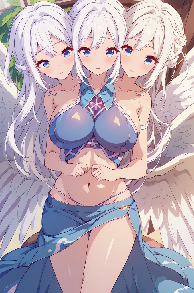 (masterpiece, best quality), best quality, (ultra-detailed), ((3heads:1.5)), 1girl, (ultra-detailed), (sariel:1.3), masterpiece, best quality, (high quality), (high resolution), (best quality:1.5, highres, UHD), highres, absurdo, ultra detail, ultra quality, ultra resolution, blue top, crop top, ((stomach)), midriff, ((groin)), blue skirt, normal ears, shackles, white knee-length hair, (same hair color), very long hair, wavy hair, sidelocks, blue eyes, very detailed eyes, parted lips, sweat, cute, toned belly, hand on own chest, eyelashes, (25 year old woman:1.3), (masterpiece:1.5), (best quality:1.5), (beautiful detailed), extremely detailed CG, extremely delicate and beautiful, depth of field, (finely detailed face), (perfect details:1.3), (mature female:1.3), wide pelvis, slender, large veiny breast, 16k resolution, highres, high quality, high definition, extremely detailed, masterpiece, white knee-length hair, long hair, alluring presence, braid, short skirt, close up, very big tits, huge tits, young, six angel wings, angel wings, girl with three heads, three headed girl,