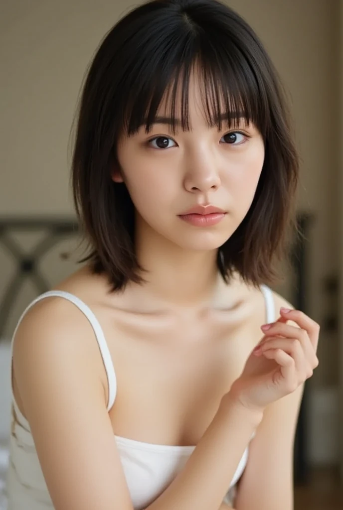 (masterpiece:1.2), Very detailed, Ultra-high resolution, (Realistic, photo Realistic:1.6), High-resolution RAW color photos, Professional photos, Dramatic lighting, 映画のFunctionalなシーン、Sharp focus:1.2, (Very detailed顔と肌の質感, Very beautiful eyes, Glossのある肌, Glowing Skin, Glowing Skin, Shining Face, Gloss, Oily skin, greasy face, Oily skin, greasy face, 強いGloss), Perfect Anatomy, Very detailed背景, 1 female, 25-year-old woman, Japanese women,Height: 168cm, (Short Bob Hair, Straight hair, bangs:1.3, Brown Hair), (Lean:Weight 1.0), (Flat Chest:1.9),(Slender legs:1.4)、(((dim:1.4)),(((Hotel Bedroom))), (((Lying down)))), (((Spread your legs))),Thighs、(Erotic), ((Functional)), ((Glowing Skin))、 ((Intense sex))),Face asking for a kiss