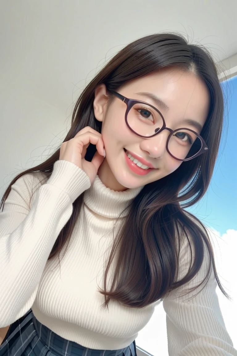 30 years old,long hair,woman wearing glasses,Japanese,double,high nose,small nose,small face,smile,H cup,She is wearing a turtleneck sweater that shows her cleavage.,hug,on the bed,Lying