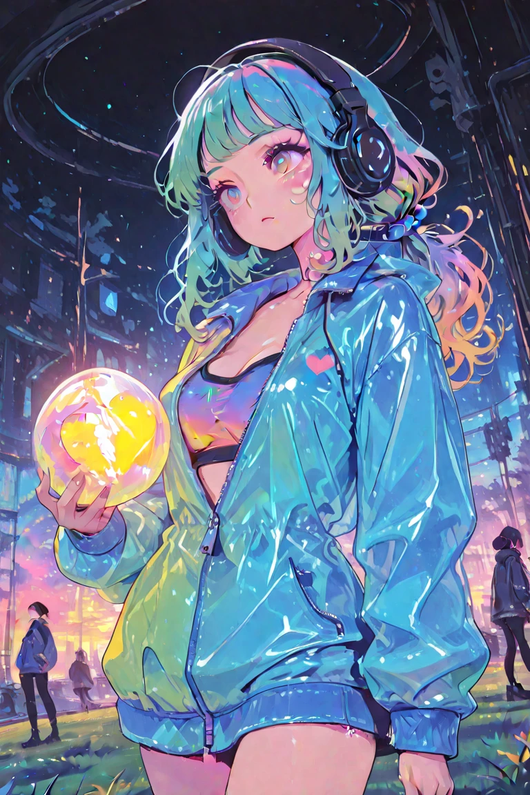 Pretty woman with dark skin sitting on a hillside, soft hair, funkypop, cyberdelic, grunge, hyperrealistic anime, lofi art, luminism, manga, medium shot, chemiluminescence, flare, flourescent lightin, character design, atey ghailan, basquiat, colorful_frequencies, electric colors, iridescent, dynamic pose, nouveau realisme, city background,