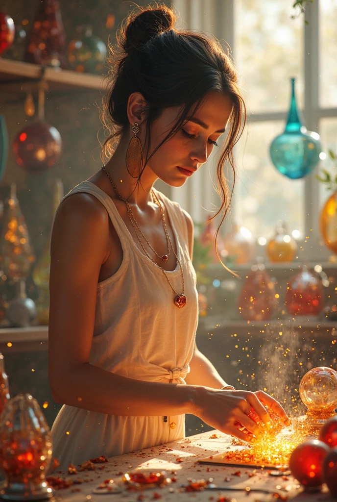 A young woman, very beautiful, Cigana Jasmine, of umbanda, wearing a blue-green dress, reading tarot and reading someone's palm, with a charming smile on his lips.