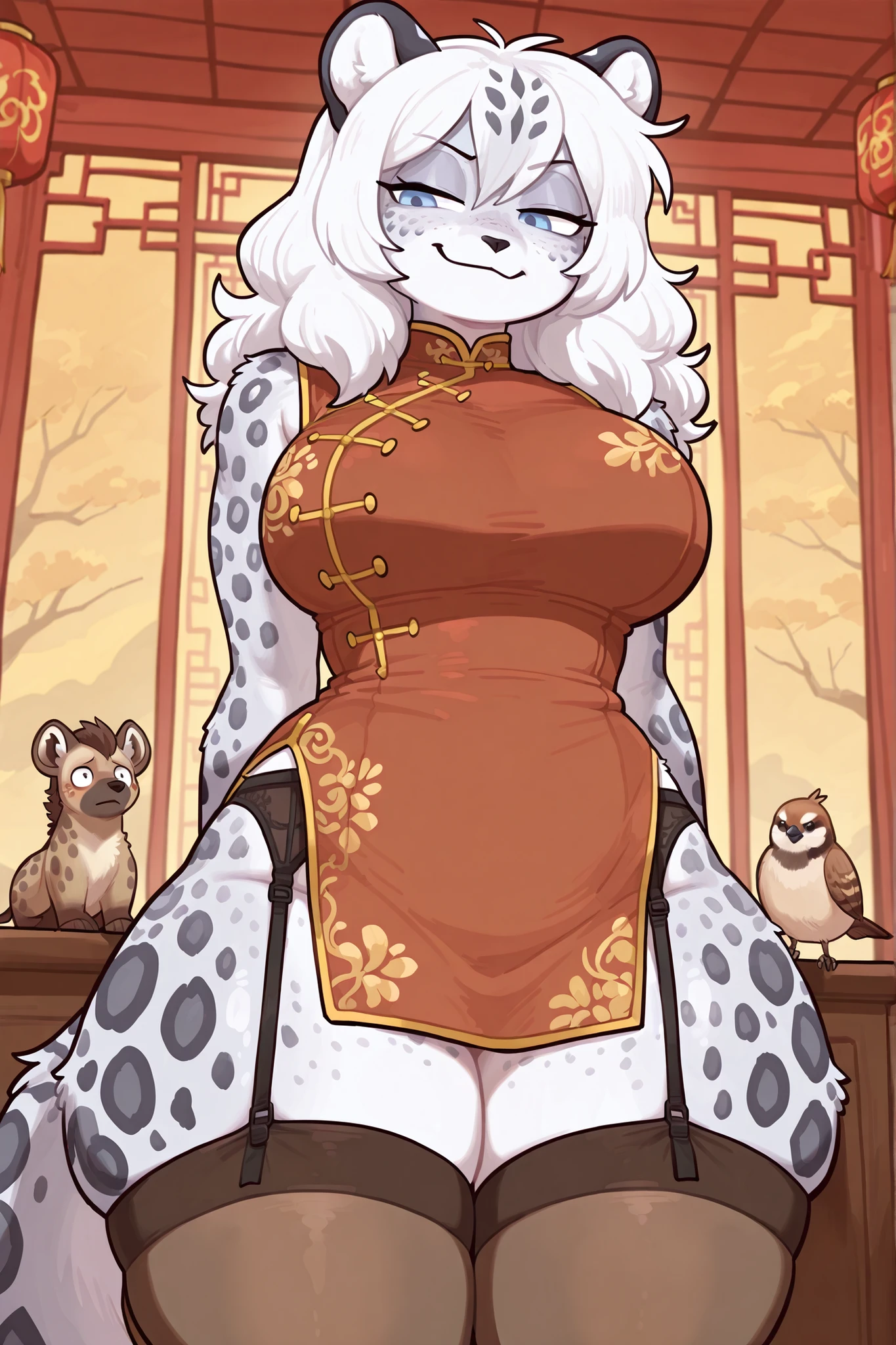 female anthro Snow leopard,Brown long fluffy hair, fluffy hair, squirrel ears, hyena, big breasts, attractive, chinese dress, garter belt tights, thicc body, thicc body, thicc, freckles, freckles on face, neutral expression, smug eyes, she is standing (thick thighs:1.5)