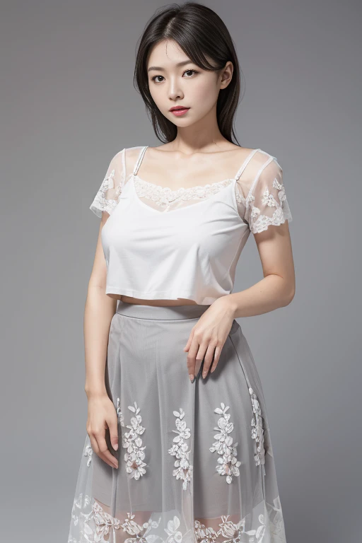 Ultra-high definition resolution，top quality，wonderful young girl，earrings，Clear eyes，Plain makeup，lip gloss，is a perfect face，White skin，Perfect breasts，Slender legs，lace up tights，Gray office miniskirt，empty streets