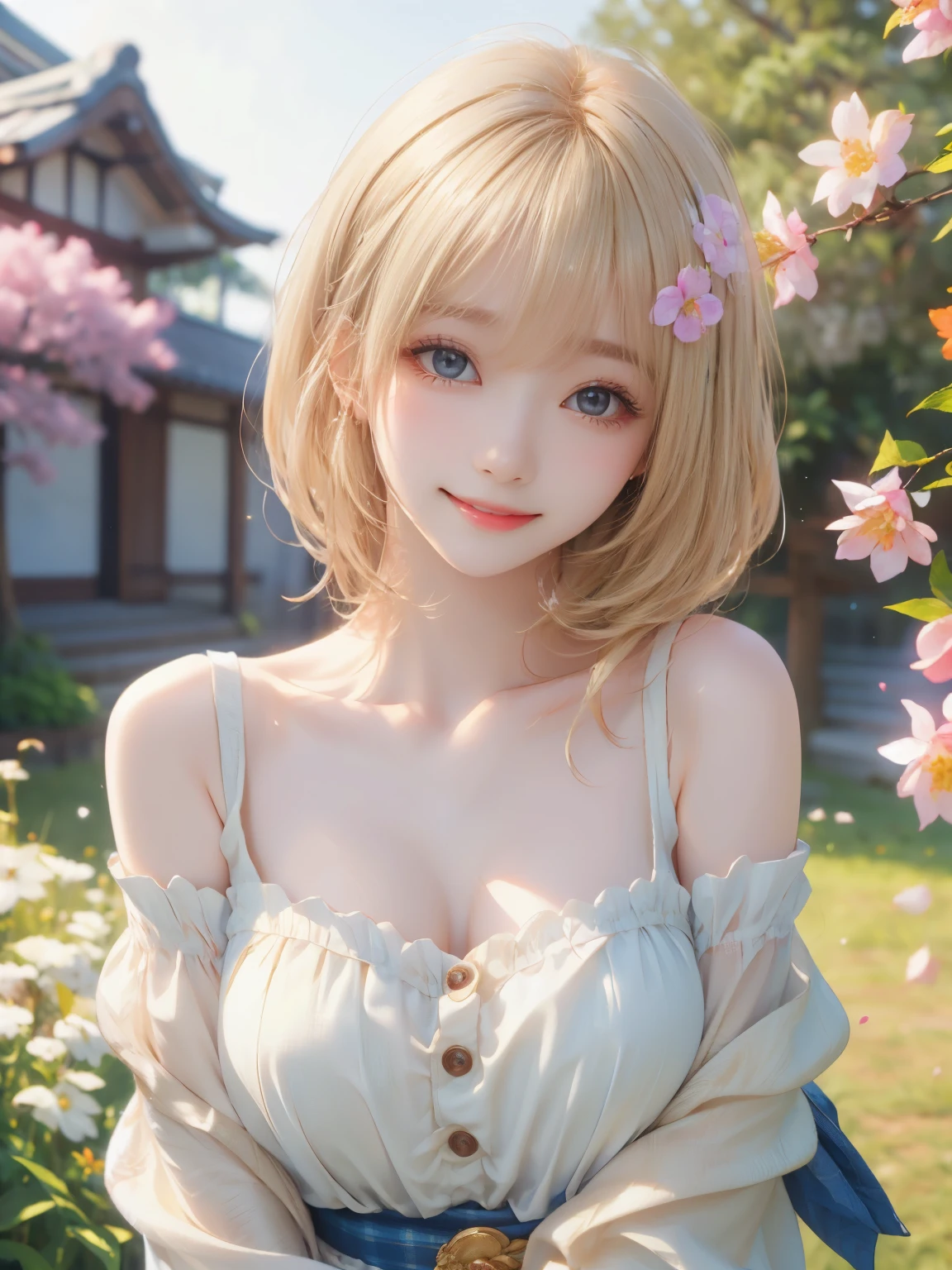 (masterpiece,best quality: 1.4),
(8k,raw photo,photo realistic:1.2),shiny skin, detailed skin,detailed face,detailed eyes,Japanese idol,beautiful face, Best quality, masterpiece, ultra high res, (photorealistic:1.4), raw photo, 1girl, white dress, off shoulder, blossom flower field, glowing skin, light smile,(Happy smile, blond hair:1.2),(big breasts:1.2),
