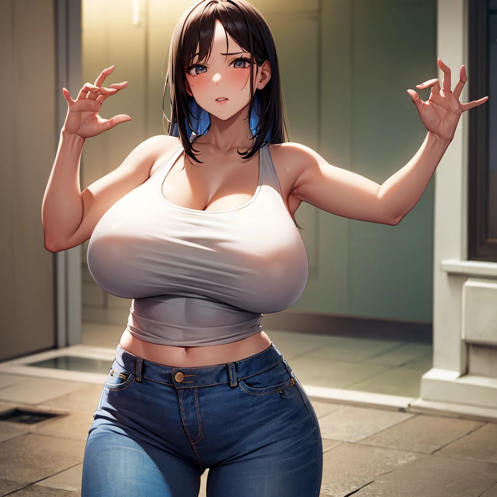 best quality, masterpiece, extremely detailed CG, extremely detailed 8K wallpaper, standing, HDR, 1girl, solo, indoors, cowboy shot, solo, looking at viewer, long hair, messy hair with eye covering bangs, brown hair, intricate details, hyper detailed, Beautiful Fingers, Beautiful Nose, Beautiful character design, perfect face, facing viewer, huge breasts, slim waist, gigantic breasts, purple eyes, brown jumper, blue jeans, slightly narrow eyes, light facial freckles, facing viewer, nerd, nerdy girl, in a college club room, hair over eyes, pale skin, baggy clothes, sloppy, hair over one eye, anime style, blushing, shy smile