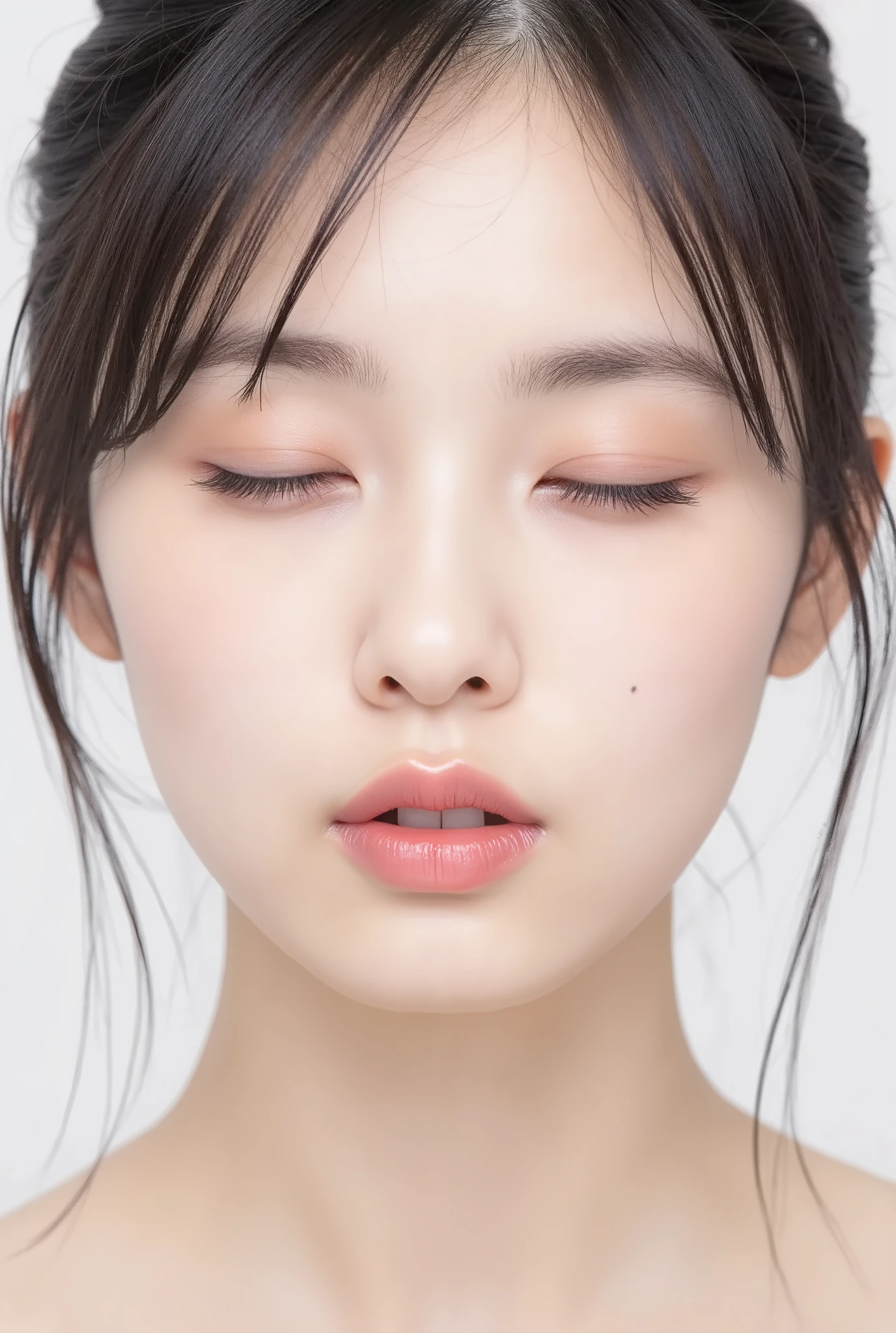 ultra-detailed close-up of a beautiful girl, collarbone-up composition, white studio background, soft natural lighting, slightly elevated front camera angle (around 35-60 degrees), full face and head visible in frame, chin gently lifted as if reaching up, head slightly tilted for cuteness, hands behind back and not visible, black camisole strap visible, soft innocent charm, longing and dere-dere expression, blissful and euphoric smile with flushed cheeks and ears, dreamy and adorable aura, eyes gently closed or nearly closed with soft lashes, expression overflowing with affection and dazed joy
extremely puckered lips forming a tight rounded "O" shape, strongly pursed lips protruding forward, circular and centered kiss-mouth, shimmering glossy lips with wet highlights, lips reflecting light with moist texture, hyperfocus on lips with soft depth-of-field blur around face contour to draw attention, slightly parted mouth (optional) to hint at tongue, but lips retain the tight circular shape
realistic natural skin texture with visible peach fuzz and matte softness, no visible makeup, subtle facial pores and skin microdetails, romantic soft glow
intense feeling of affectionate anticipation, cute and bashful yet deeply inviting kiss pose, soft warm atmosphere