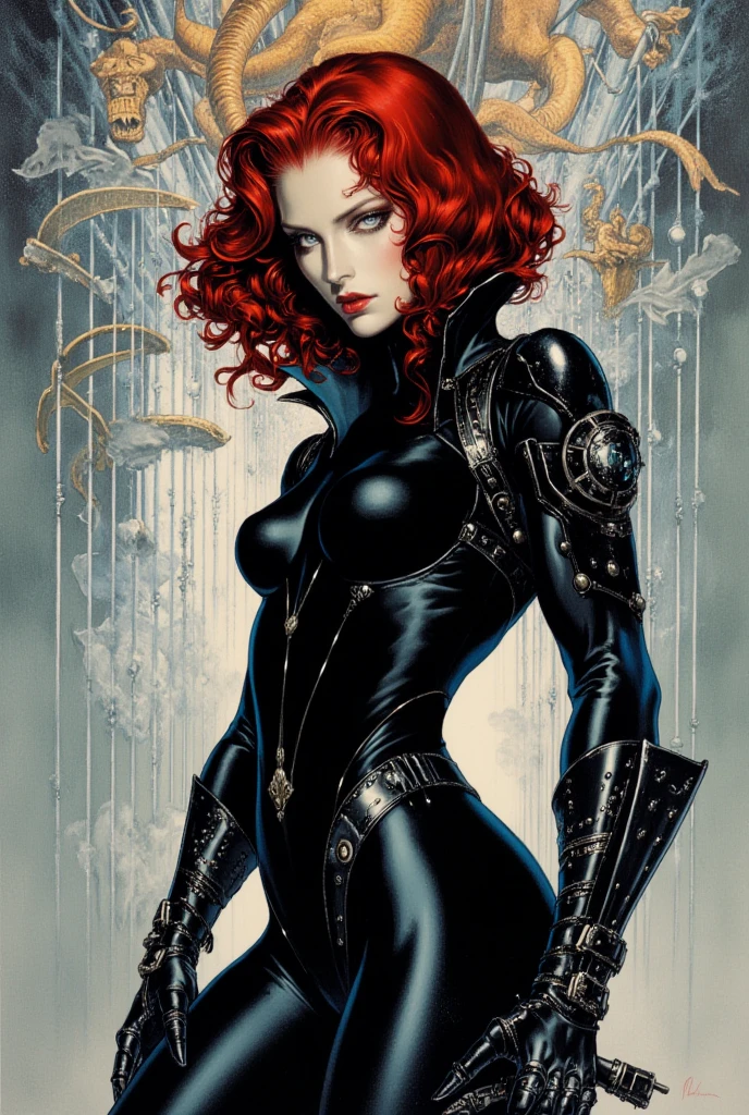retro 1960s scifi painting, rough brush strokes, anime style, pinup, 1girl, woman, demon queen, wicked witch, (flowing dress:1),(intricate tattoos:1.3),(high collar:1.3), bombshell hair, brown hair with crimson highlights, antenna hair, glowing peachpuff clothes, thicc hourglass figure, medium breasts, caucasian, Minstrel's Gallery \(room\) in a a ruined cosmic color:green scifi arcology edge of reality, masterpiece<lora:EnvyStarlightRetro04:1.25>