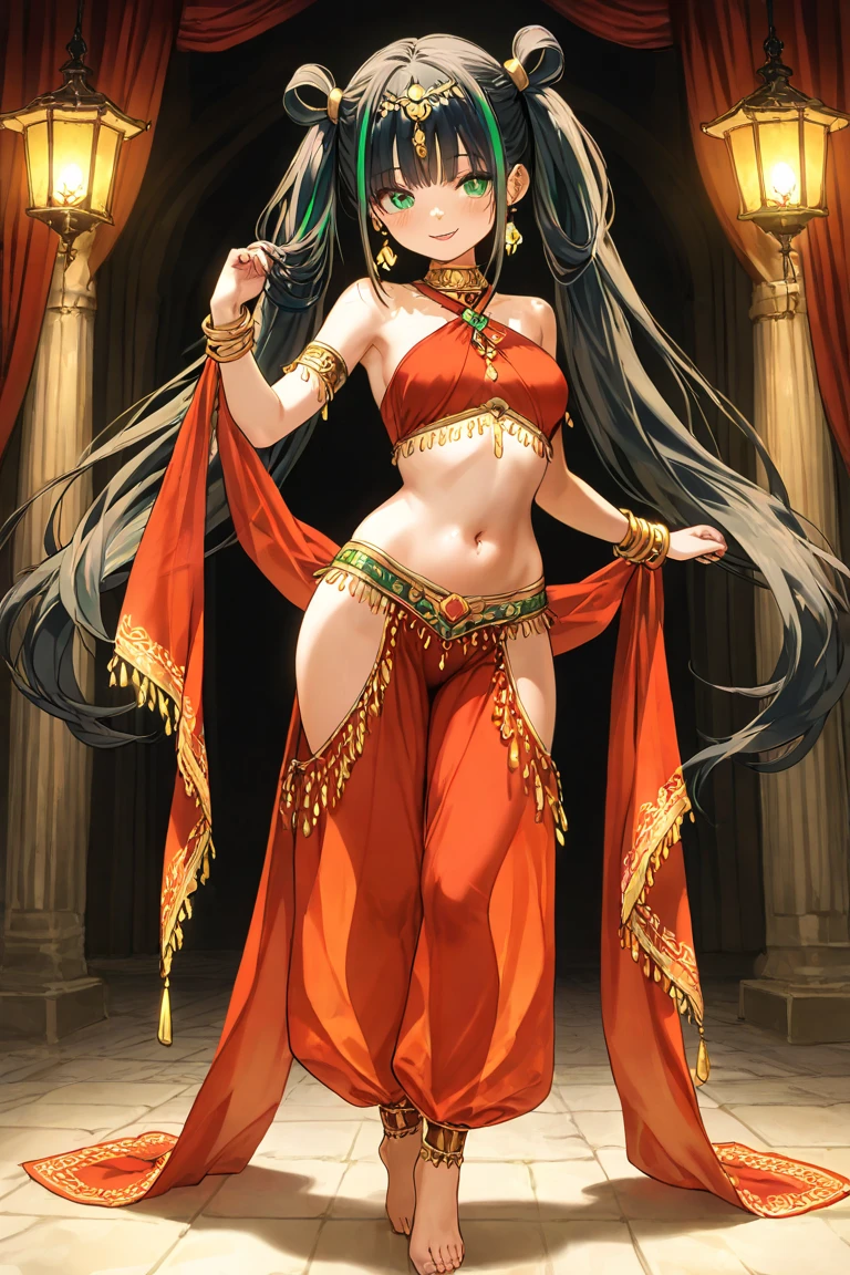 1woman, long black hair, green eyes, pointy ears, big breasts, wide hips, thick tighs, narrow waist, (tanned skin), belly dancer costume, split skirt, smile, ((hands on hips)), ((full body)), ((solo)), ((best quality)), ((masterpiece)), portrait, looking at the viewer, from the front, simple background, ((detailed)), ((perfect anatomy)), ((detailed art)), ((high definition)), ((4k)), ((high resolution))