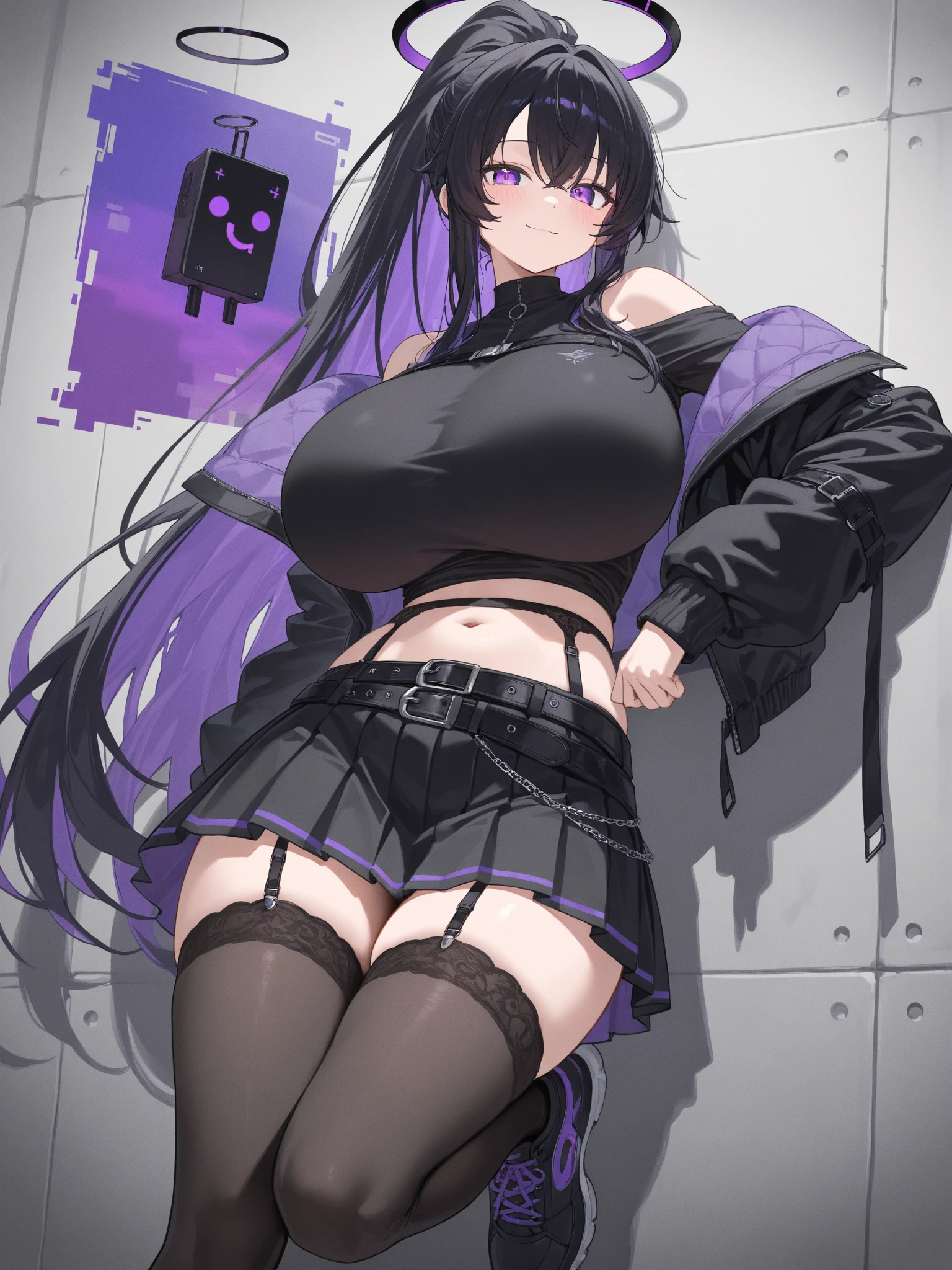 Fox Girl, Large Breasts, Voluminous purple hair, masterpiece , Red eyes, hd, Thick thighs, Head to Chest, buried in my chest、Underboob、Double teeth、tooth、Sports Bra、Knee socks