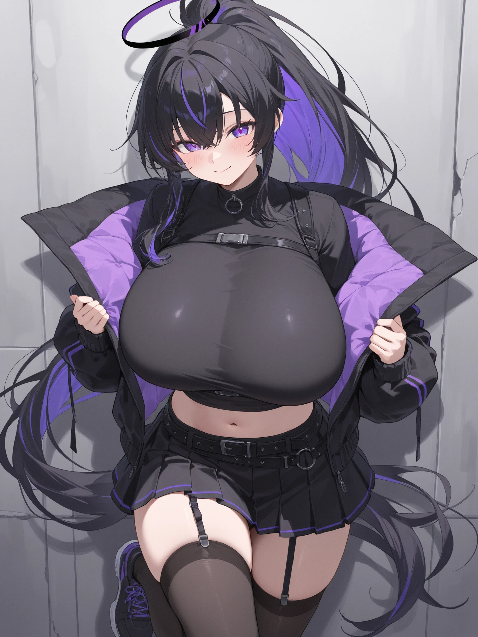 Kirito, Gun Gale Online Black Swordsman Outfit Overturned Jacket Black Shirt Silver Breastplate, blush, Super huge big breasts breast enlargement A person with purple eyes stands in a sci-fi city looking at the camera and smiling full-body shot illustration, ultra-detailed, HDR, vibrant colors, soft lighting
