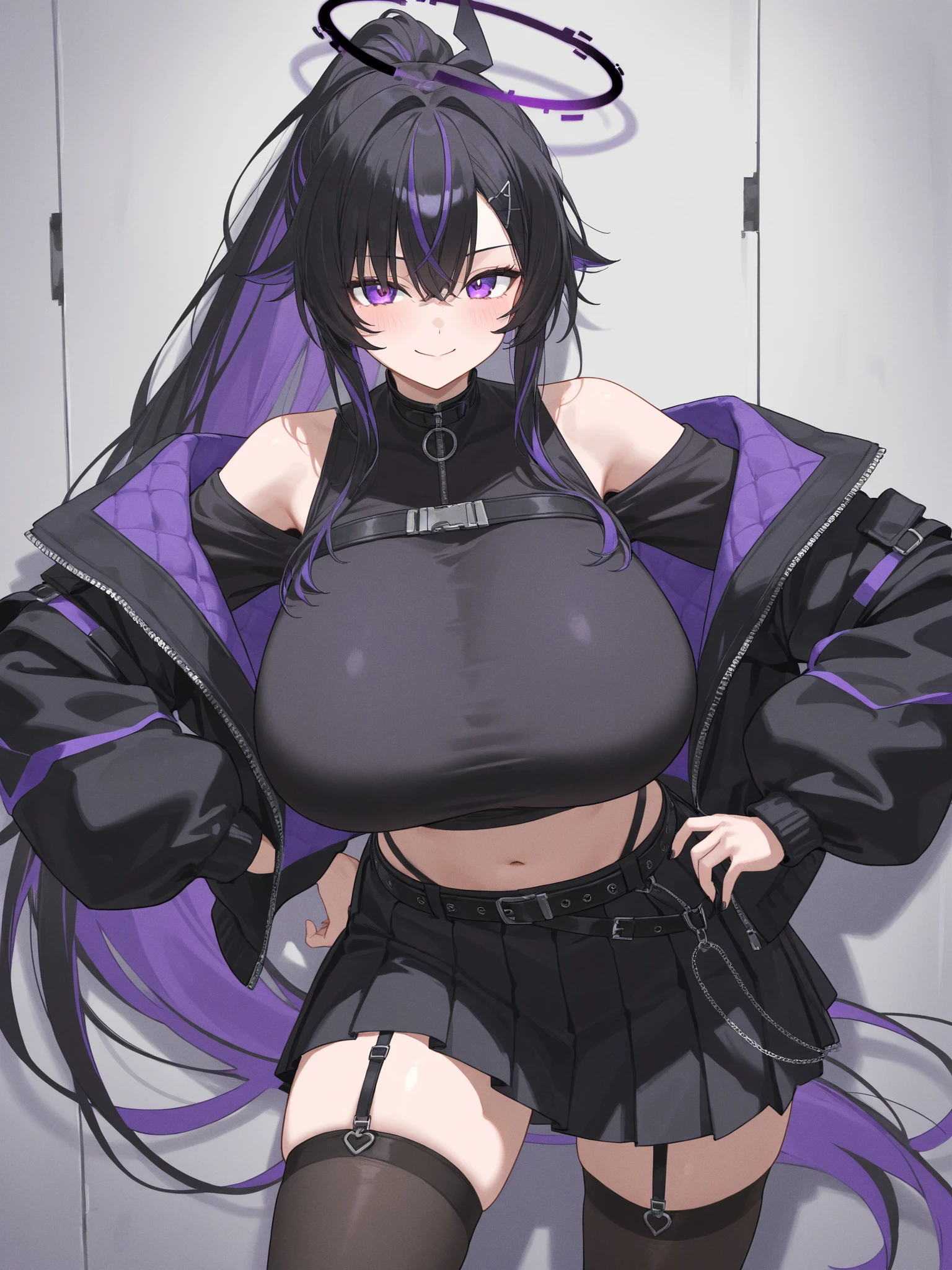 Mugshot, anime girl in black and white striped prisoner uniform, hands cuffed or chained, cleavage, big breasts, purple hair, evil smile, jail, cell, prison