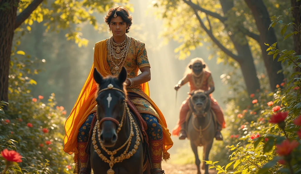 Mowgli is riding an elephant, he is a young man, he carries a knife with an ivory handle, looking very afraid or wary, wearing a red loin clothe, 24k resolution, photorealistic, hyperdetailed, jungle background, India.