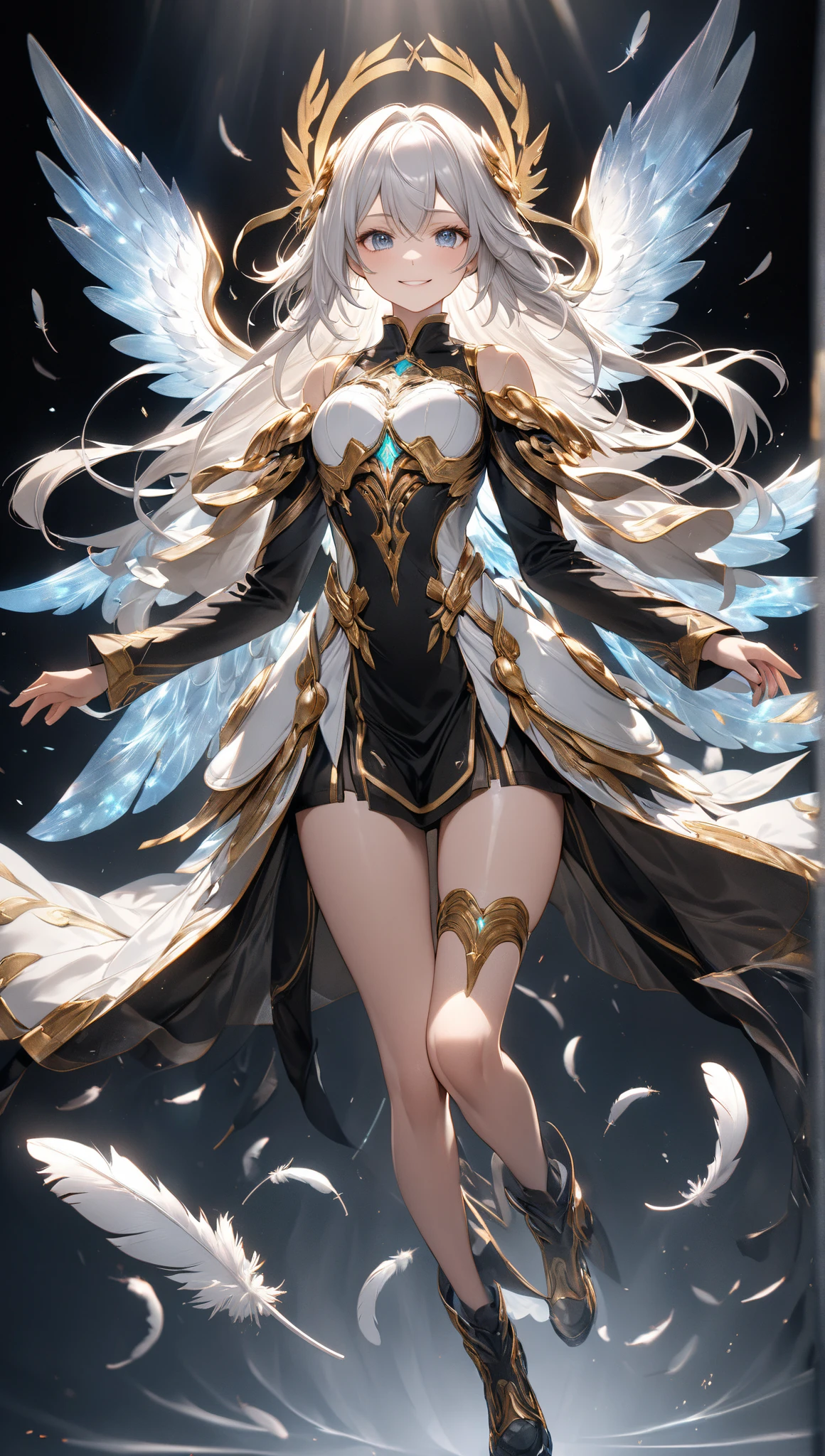 (top quality)、(masterpiece)、White knee socks、gold high heels、Detailed faces、long white hair、cute face、slim figure、(1 busty girl)、(Wearing white latex tights)、angelic、(small head)、(Large featherig wingull-body shot、