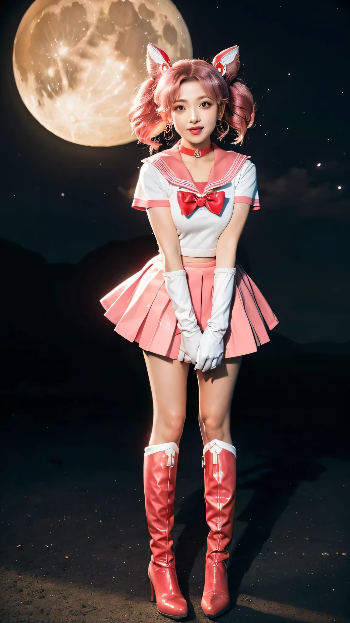 solo, outdoors, smile, modeling, 1girl, pink hair, twintails, cone hair bun, double bun, red eyes, earrings, hair ornament, tiara, red bow, heart brooch, , brooch, choker, elbow gloves, heart choker, magical girl, multicolored clothes, multicolored pleated skirt, pink sailor collar,((( sailor senshi uniform)) , yellow choker, knee boots, absurdres, ultra detailed, masterpiece, best quality, aesthetic, detailed,22:56:22
、 Extreme Real, masterpiece, highest quality, High resolution, SAMA1, space, stunning beauty, full body photo、1 、brain out、gloves、lips、solo、Sailor Chibimoon、Chibiusa,red eyes、 uniform、See more1、Tierra、Sailor Senshi uniform、(Raw photo、highest quality)、masterpiece、Pink twin tails、Pink sailor color、bow、choker、白いgloves、ピンクのchoker、elbow glove、gem、pink skirt、only、Full body Esbian、pink hair、(perfect hands):3.8、octane rendering、goddess of the moon, ((long shoot)), beautiful eyes with fine details、、small eyes、looking at the viewer、to8 contrast style、Octane line art、Universe and Moon Background、、No makeup、Bright smile、short, from below, squating