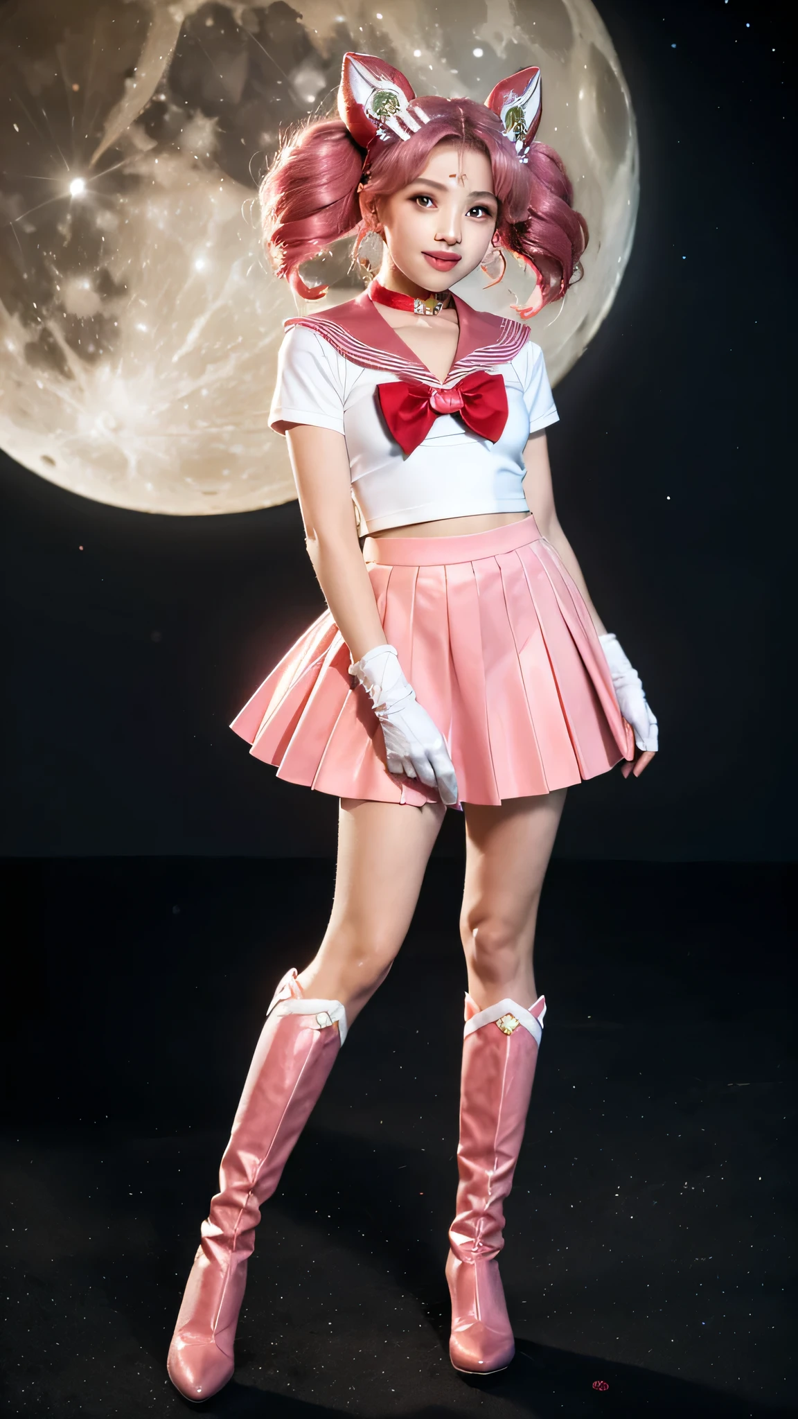 solo, outdoors, smile, modeling, 1girl, pink hair, twintails, cone hair bun, double bun, red eyes, earrings, hair ornament, tiara, red bow, heart brooch, , brooch, choker, elbow gloves, heart choker, magical girl, multicolored clothes, multicolored pleated skirt, pink sailor collar,((( sailor senshi uniform)) , yellow choker, knee boots, absurdres, ultra detailed, masterpiece, best quality, aesthetic, detailed,22:56:22
、 Extreme Real, masterpiece, highest quality, High resolution, SAMA1, space, stunning beauty, full body photo、1 、brain out、gloves、lips、solo、Sailor Chibimoon、Chibiusa,red eyes、 uniform、See more1、Tierra、Sailor Senshi uniform、(Raw photo、highest quality)、masterpiece、Pink twin tails、Pink sailor color、bow、choker、白いgloves、ピンクのchoker、elbow glove、gem、pink skirt、only、Full body Esbian、pink hair、(perfect hands):3.8、octane rendering、goddess of the moon, ((long shoot)), beautiful eyes with fine details、、small eyes、looking at the viewer、to8 contrast style、Octane line art、Universe and Moon Background、、No makeup、Bright smile、short, from below, squating