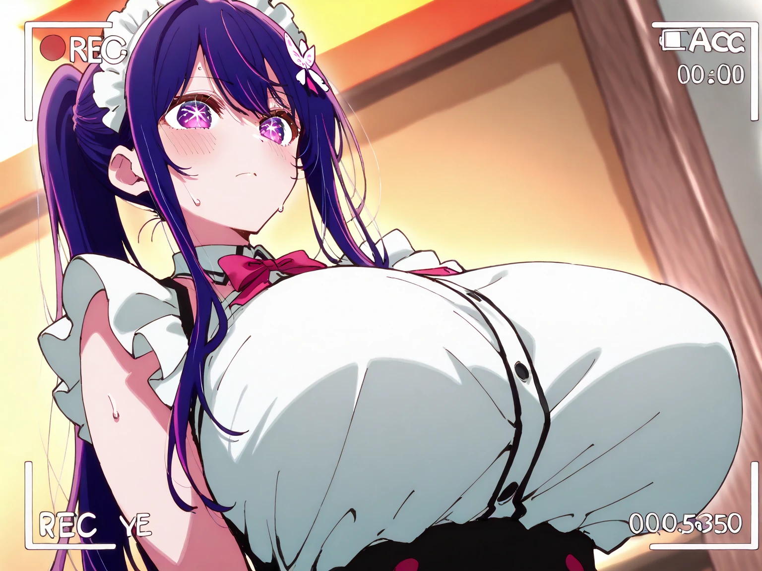 masterpiece、ighly detailed、1 girl 、hyper breasts、purple color hair、ponytail hair、maid、recording、clothes 、waitress、maid cafe、sweat 、8K、hoshino ai、(((しゃがむ、開脚、視聴者に股間を見せる、下品なパンティー、フィッシュネットパンティー、汗、濡れている、荒い息、絶頂、湿った身体、薄暗い、薄暗い室内、夜、不気味な雰囲気)))、((((ローアングル、下から彼女の股間を見る、ローアングル))))