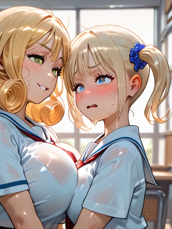 Two girls, blush, blonde, Hair braids, suck member, ??? on face, saliva, In class, high quality, 4k