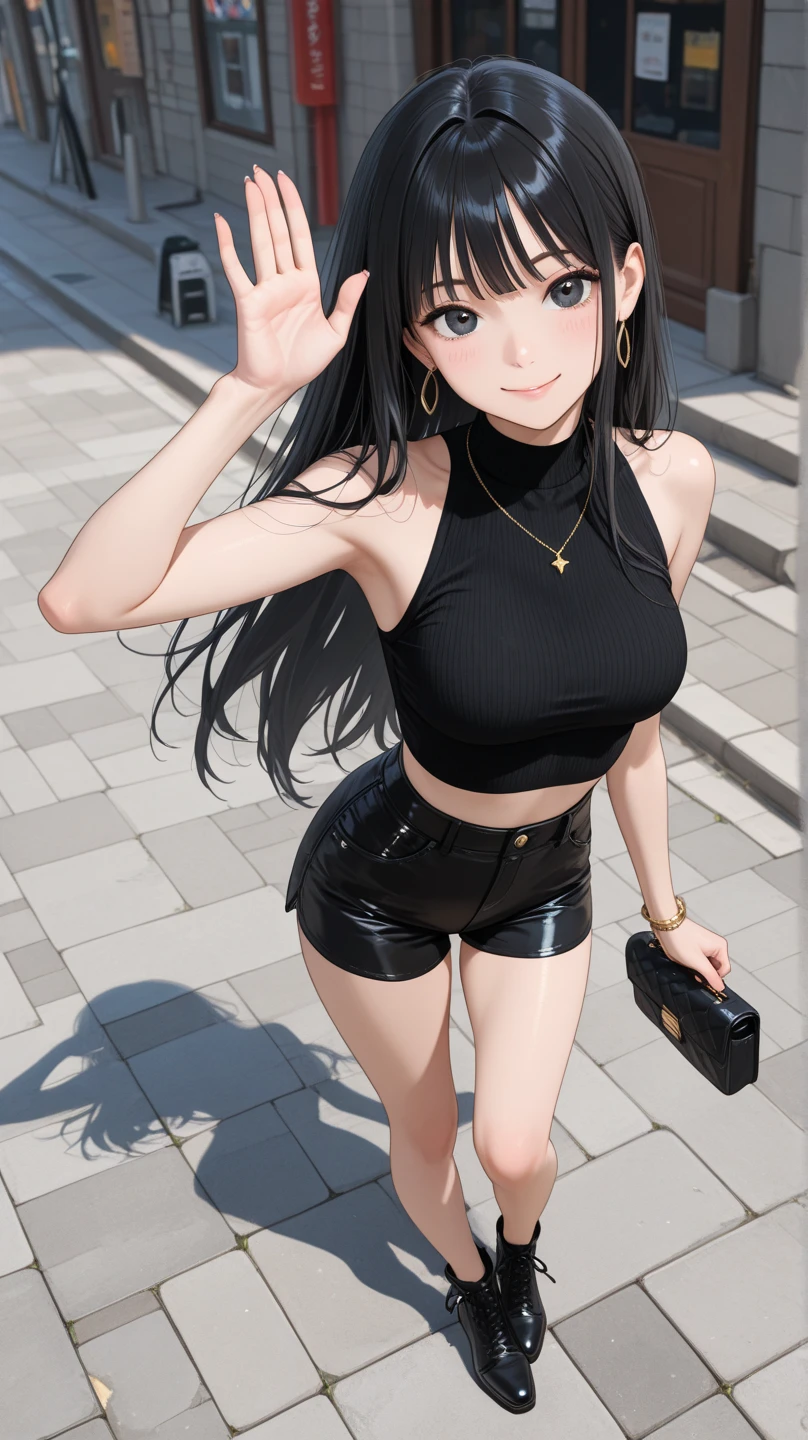 Black hair, large breasts, sexy, ((white spaghetti strap top)), jeans, pub