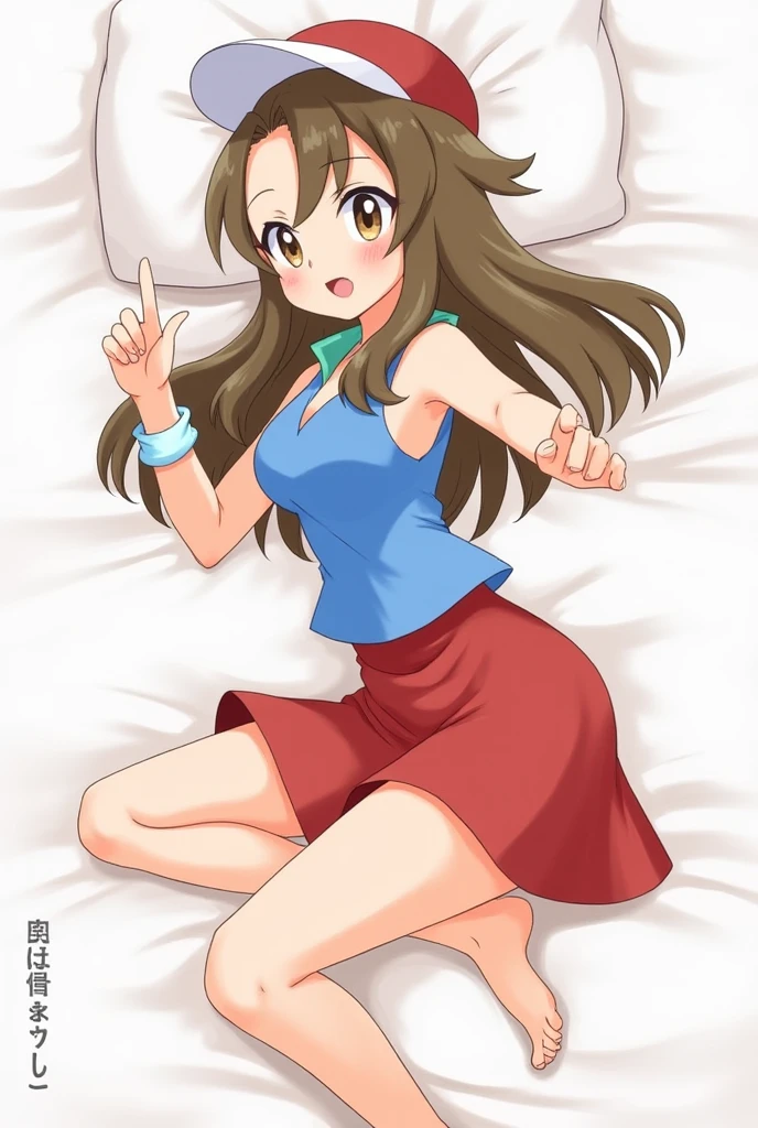A sleeping girl on a cloud, lying down, full body, 1trainerleaf1, sleeveless shirt, black wristbands, visible thighs,thick thighs,red skirt,blue shirt, brown eyes, pantyshot, white panties, beautiful detailed eyes, beautiful detailed lips, extremely detailed face, long eyelashes, soft glowing skin, touching her hair, (best quality,4k,8k,highres,masterpiece:1.2),ultra-detailed,(realistic,photorealistic,photo-realistic:1.37),digital art, detailed illustration, dramatic lighting, warm glowing colors, cinematic lighting, dreamlike atmosphere