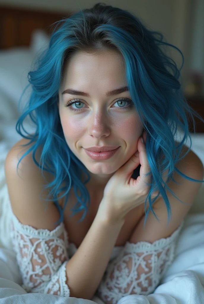 Beautiful biracial latina with light blue eyes, long messy light blue hair, lay on her belly on her bed, selfie pov, big round bubble butt underwear, smile lightly, wake up, no makeup,Résolution Haute, detailed body, head down her bed, legs raised