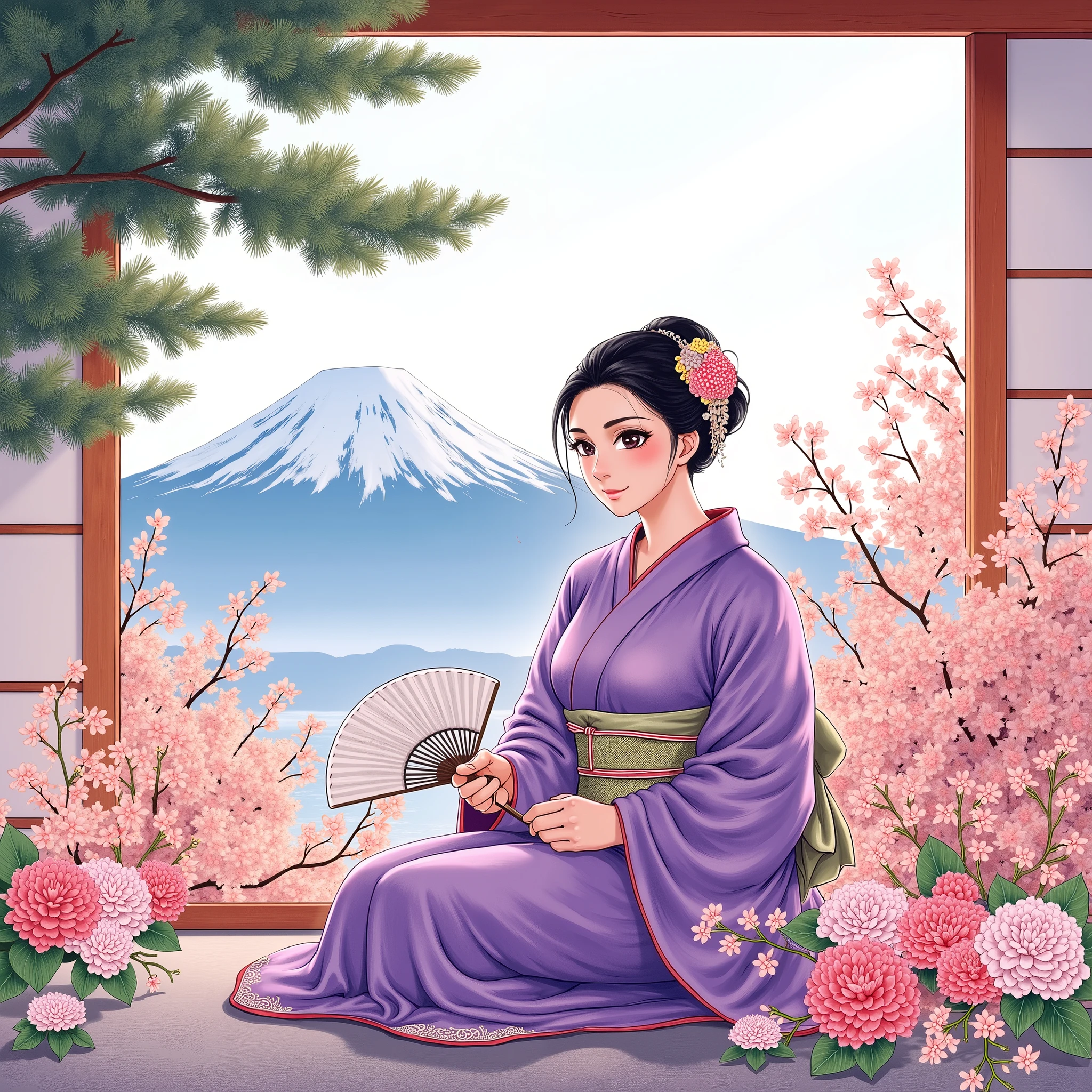 illustrations、Anime、A beautiful 45 year old woman is sitting、purple kimono、Japanese Woman、Japanese-style room、pine tree、meters. Fuji、 beautiful flowers 々 、Floral fan、 Has big breasts 、