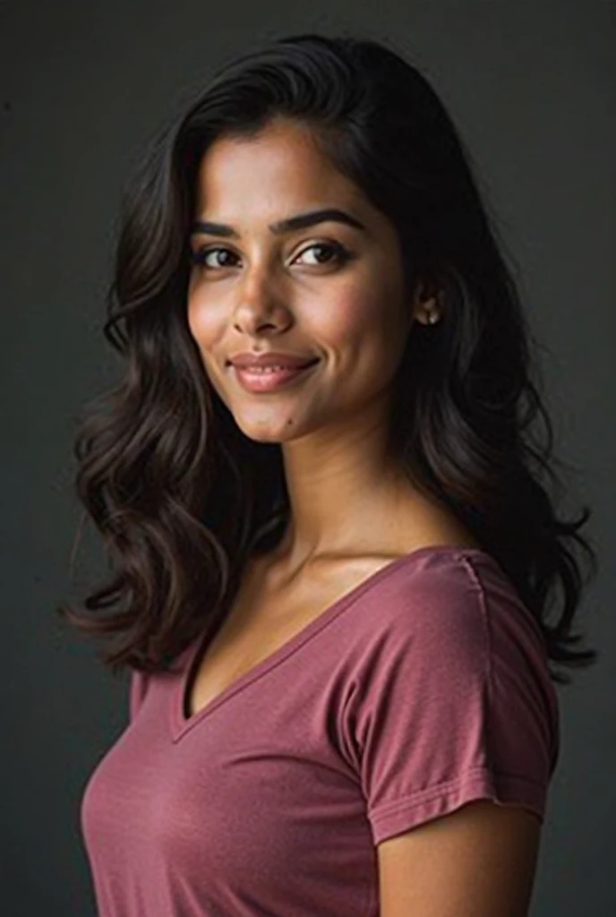 photo of a beautiful woman, (close-up of face), portrait, dilsh4d_v4ds4r1a, wearing a (t-shirt), cheerful smile, headshot, realistic, detailed eyes, perfect lighting, outdoor background