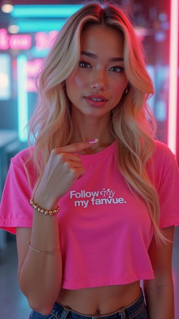 beautiful body of 30 years old woman wearing sunglasses with purple frames and pink color glass illuminated by colorful lights photorealistic background bright colors Luminous background of neon pink and neon blue glitter powder with blonde hair pink and blue smoke vapor, Blue eyes,wide,ripped shorts,White shirt,