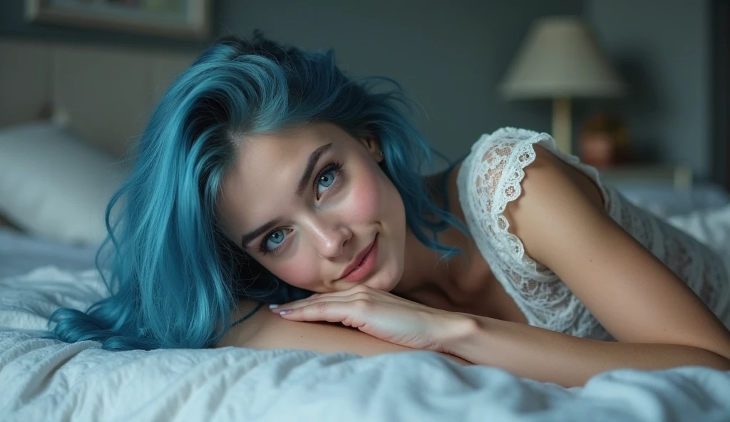 Beautiful biracial latina with light blue eyes, long messy light blue hair, lay on her belly on her bed, selfie pov, round bubble button the side, underwear, smile lightly, wake up, no makeup,Résolution Haute,