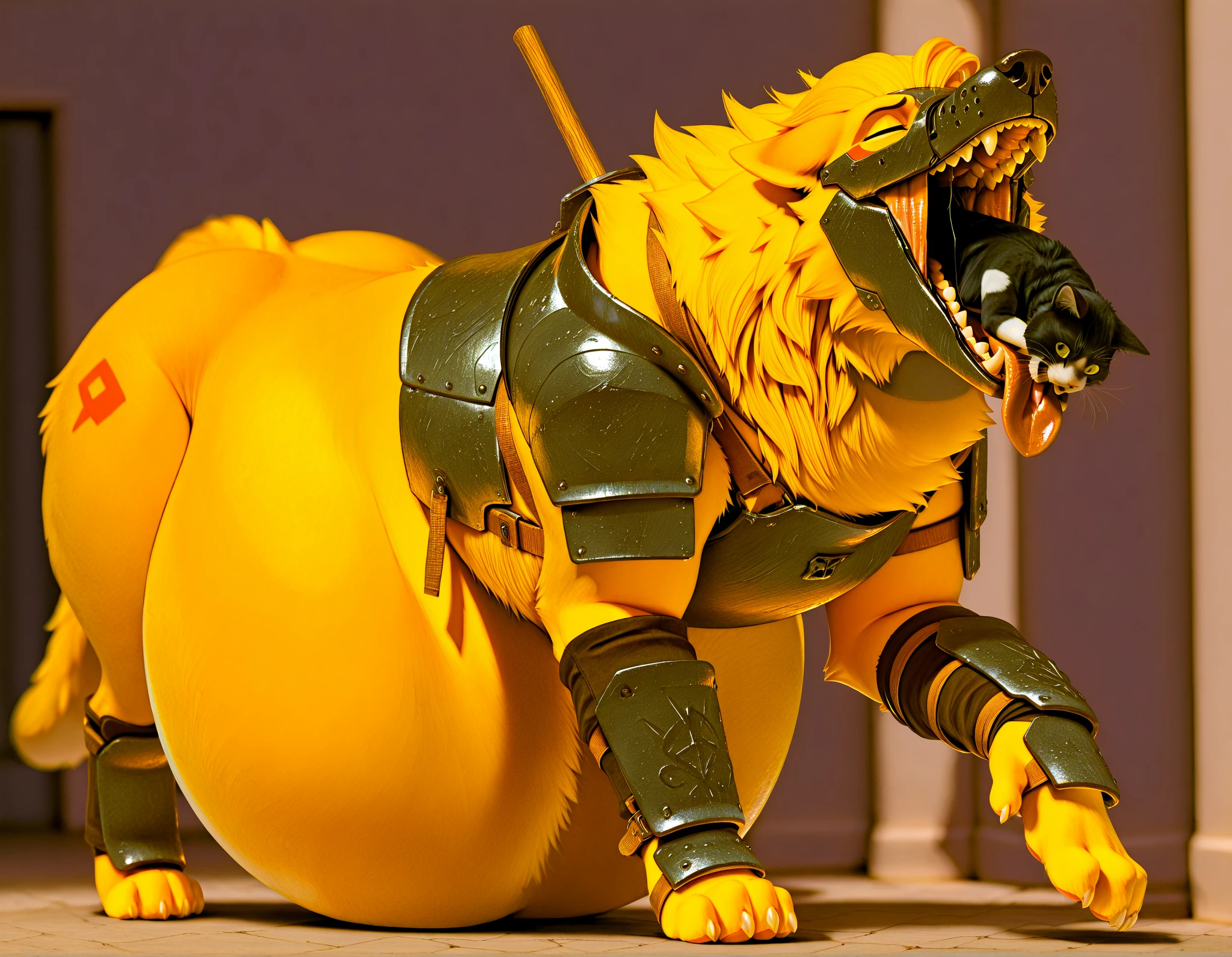 tiger, excessive precum, kneeling, low-angle view, by bontiage , outdoors, micro armor , shoulder armor, breastplate, upper body, closed mouth, pauldrons, night , shibari , bondage , japanese festival , 祭り , (( transparent thong )) , massive oversized testis , full body , boots , laying spread legs , legs up , arms up , massive ass , tear , ashamed face