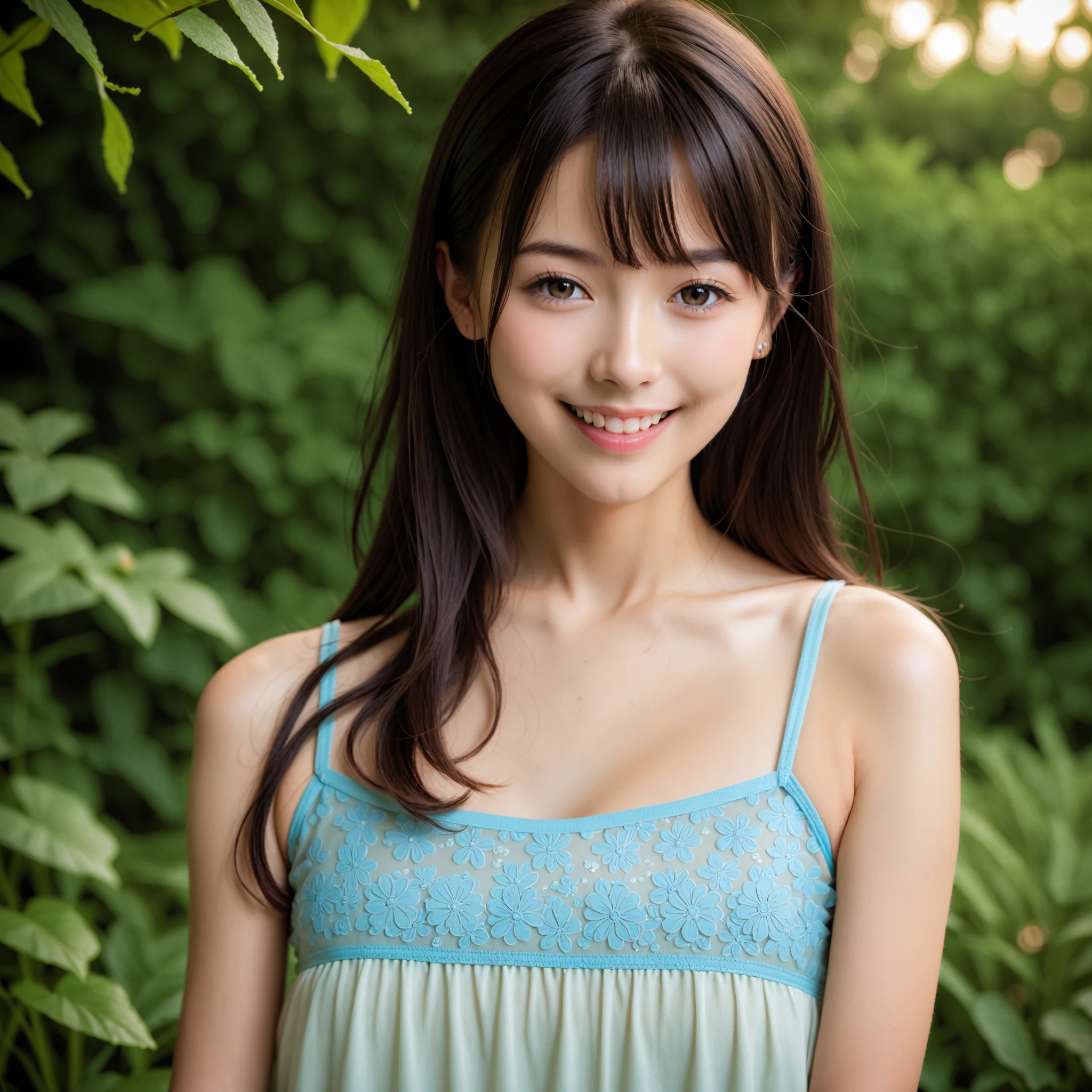 cute, アイドルのようにcute16歳高校生、Smiling Kindly、High school suburban classes、Wearing a high 、Cleavage、Small breasts、Forest Park、Dim lighting、whole body、RAW Photos、Genuine、Real、Realスティック、Raw photo、High resolution、Life、No copyright notice