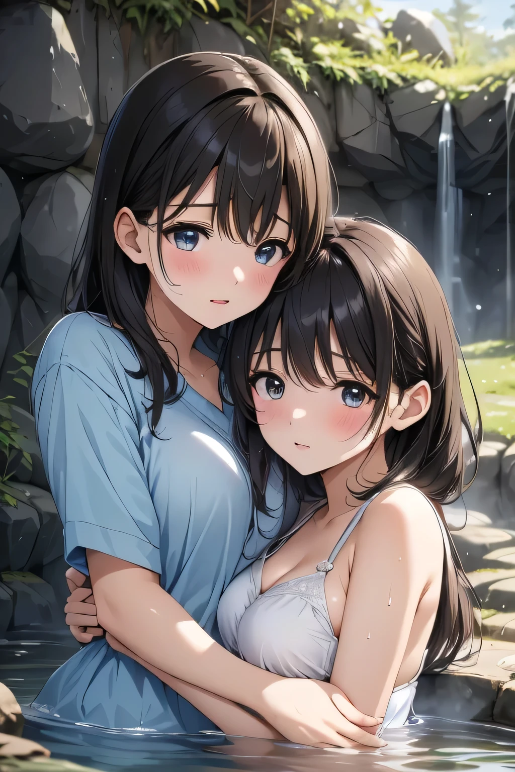 ( manga 、Anime、Story)、( masterpiece 、 Highest Quality、 ultra high resolution )、( Perfect face 、 beautiful face、 Beautiful Eyes with a Cigarette Box )、( Shadow of a monster in the background、Shadow of Goblin in the background )、sweat 、 、 embarrassed 、 ( 出口のないInside the Cave、 hot spring dungeon ) MANY HANDS TOUCH ON WOMEN 、Inside the Cave、lantern、dim、wall、wallにぶつかる 、( lots of women、two women are hugging)、Adventurer's Clothes、Immerse in water、underwear、