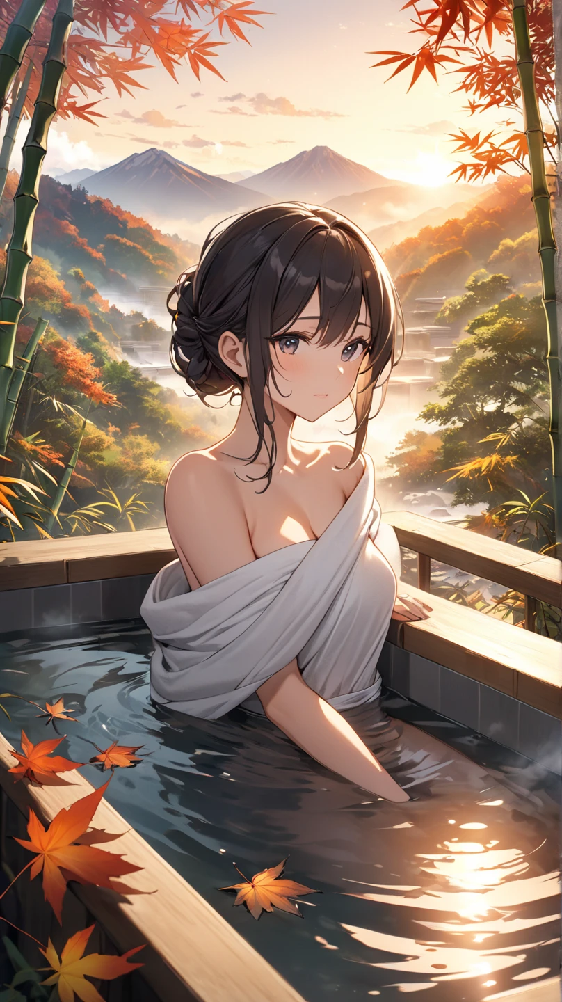 Risa, black haired japanese girl, sitting nude in onsen ((small breasts)), cute, beautiful, realistic style, highly detailed, 4k, looking to right, body from the side, cross legged (((3/4 face view close-up))), ((golden ratio, center frame)), (((RISA))), ((NUDE)), candle light reflecting of skin