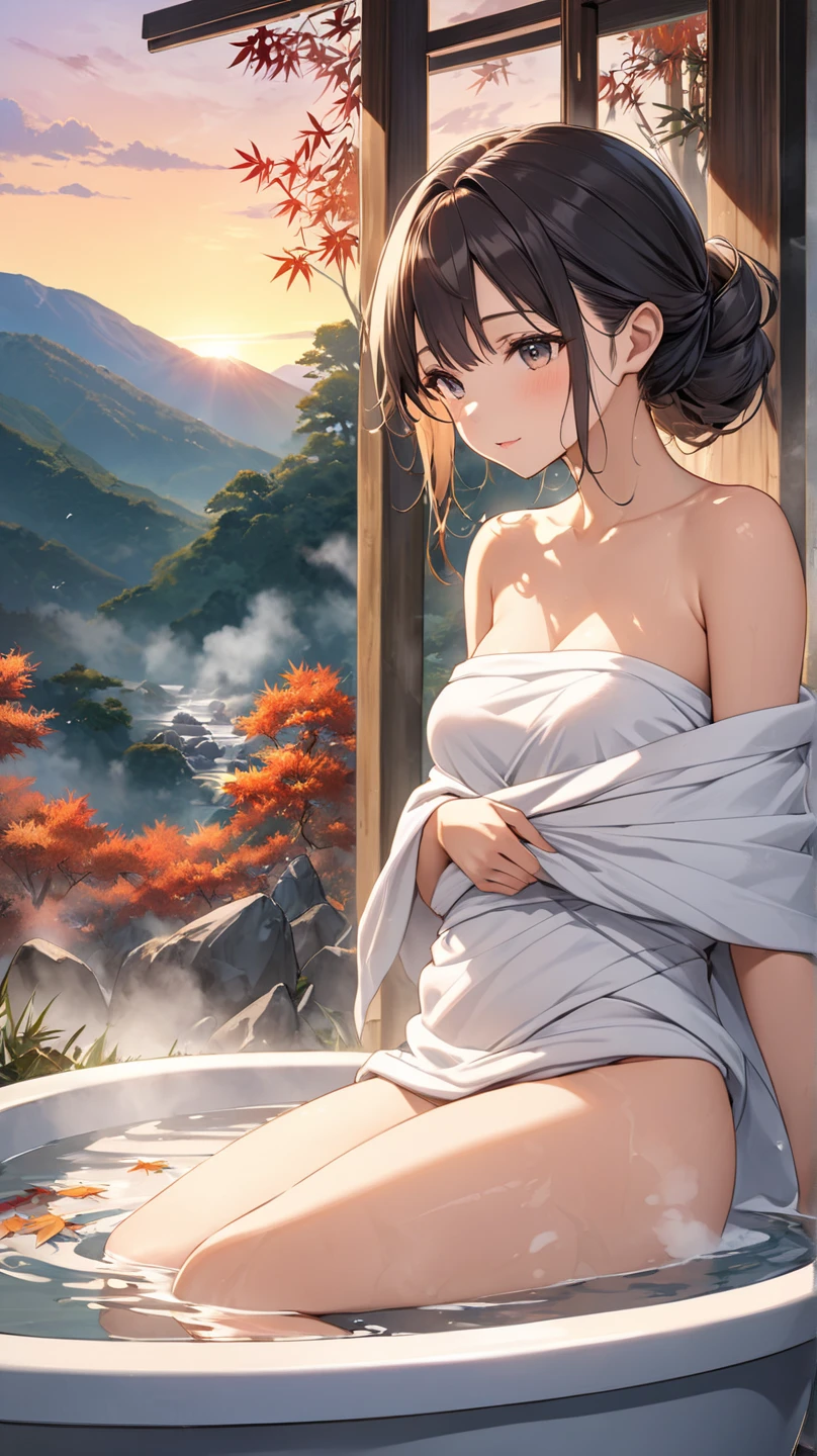 (masterpiece:1.4, best quality:1.4),absurdres, highres,  1girl, nude, from behind, wet, water, soap bubbles, (soap censor:1.0), (fog:1.2), (steam:1.2), outdoors, onsen, landscape, sunlight,(Soak in a big wooden barrel),see viewer,deep lazy,
