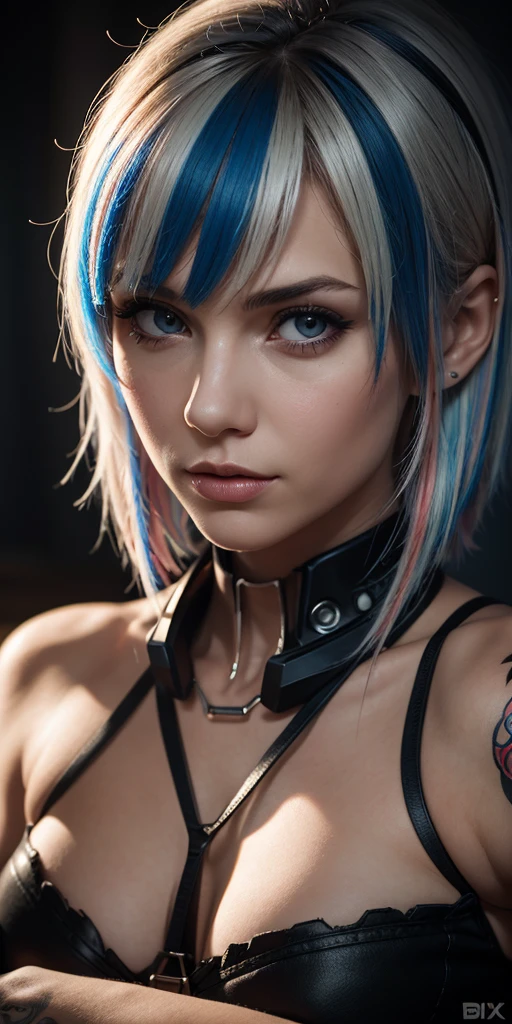 a beautiful woman model with flashy blue hair, with professional 3D style, with a tattooed race, with the side position, smart Android style, with professional design style, midjorney, dark comic, realistic vision, medieval, great professionalism, detailed hyper realism , pop culture, oceanic style, 8k
