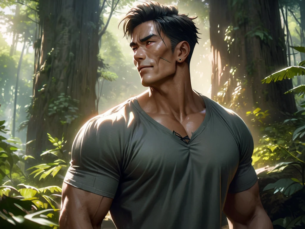li_shang, shirtless, muscular male, broad shoulders, large pectorals, big biceps, grass field, mountains in the background, ultra realistic, front view, sweat,