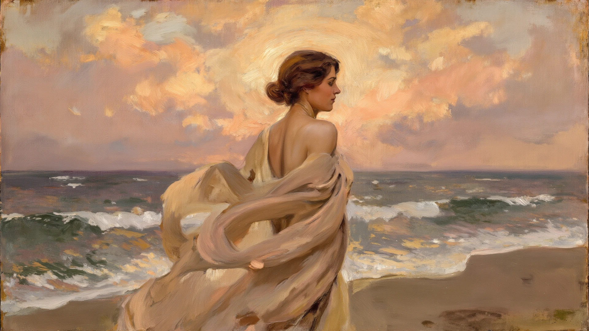 Masterpiece oil painting in Visible heavy oil colors brushwork of most beautiful female on Earth nude sunbathing naked on beach, strong Impressionist brush marks, impasto, elegant composition, erection