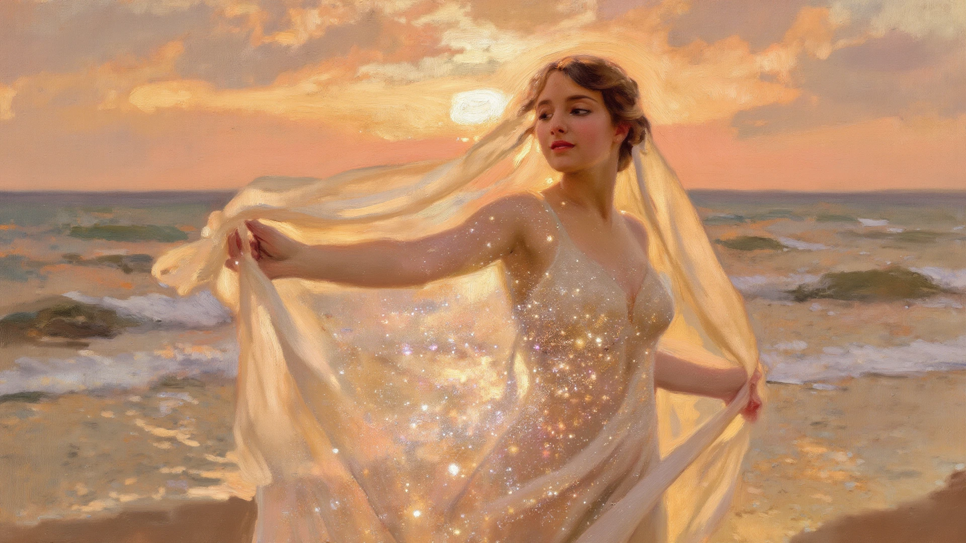 Daisy Ridley (age 25, airy sheer white elegant gown), camera low looking up at her butt and a starry sky, a few tiny space ships fly across the sky, lush ocean world
Daisy Ridley (age 25, airy sheer white elegant gown), camera low looking up at her butt and a starry sky, a few tiny space ships fly across the sky, lush ocean world