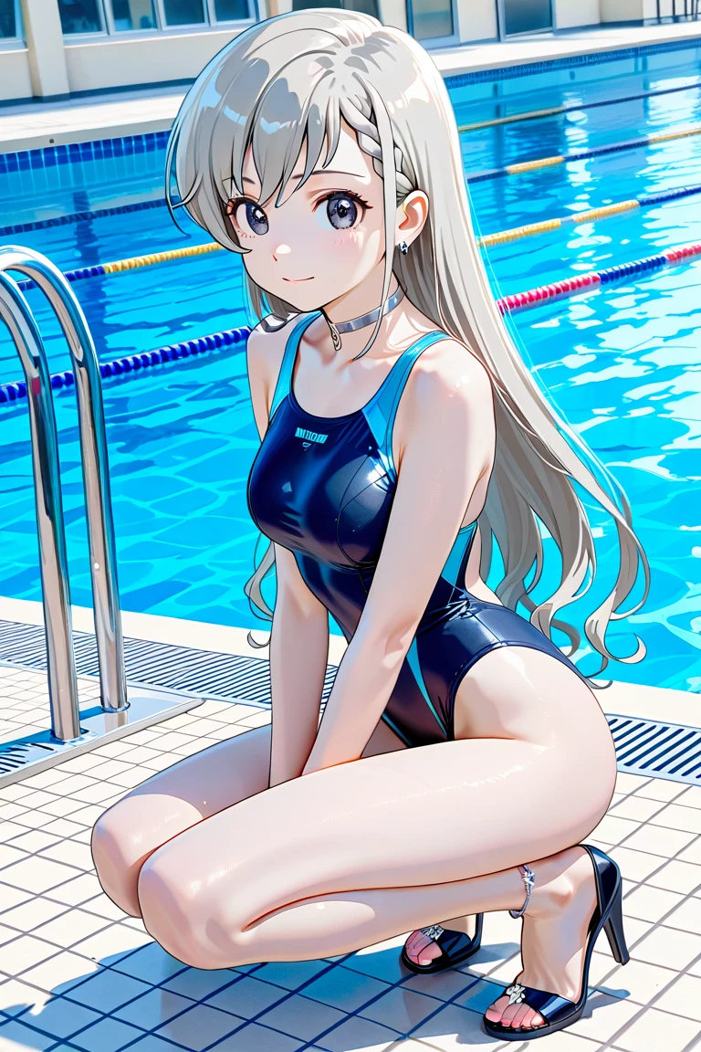 (masterpiece:1.4、top-quality、illustration:1.4,realistic、)、(character focus、breast focus,cowboy shot:1.3)、(1girl),(Open mouth happy smile:1.3),(half closed eyes),cute face,blue eyes、()、
,(stand:1.4),(Shining smile),
,(slender),(high neck halter swimsuit:1.3),(grey long hair:1.6,forehead:1.3),(single braid:1.3), (small breasts:1.3)、
、slender、pool,、
