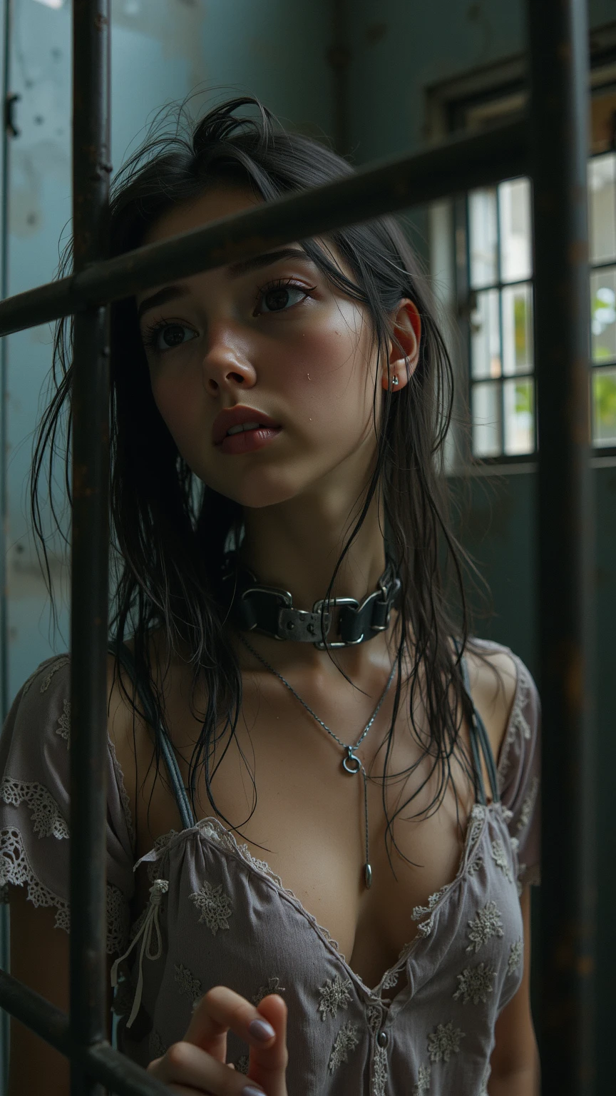 ,naked, high resolution),frightened facial expression,crying,wet body,wet hair,dog collar,slave,capture,dark lure of forbidden desires,bound by twisted tendrils,The pincers are on a chain,poor thing, Dark prison, the area near the body is wet, Frightened expression, Girl crying