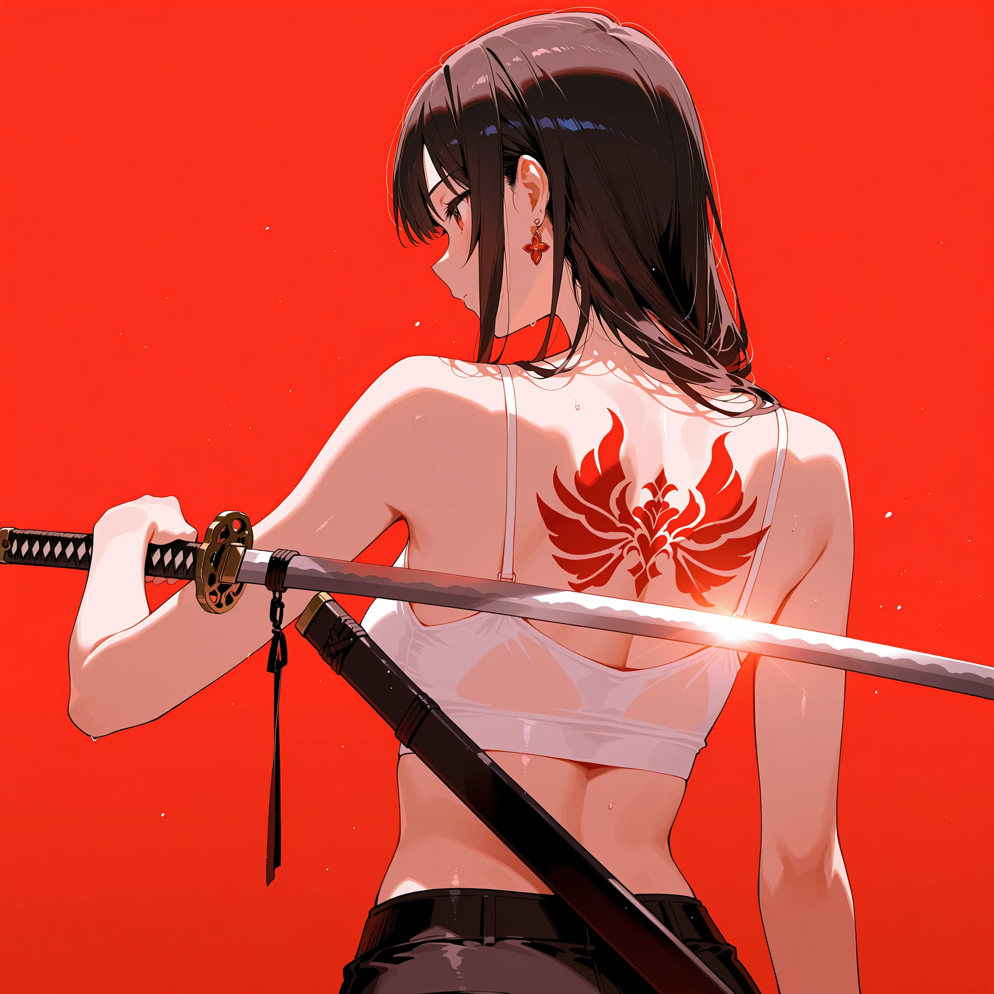 (masterpiece1.5),hyper quality, Hyper Detailed,Perfect drawing,1 persons、Back view,Adult woman holding Japan sword in her hand、samurais、lustrous beautiful skin、Melancholy look、A dark-haired、poneyTail、Red ribbons、(((Tank Tops))),(((leather pant))),(((Beautiful muscles))),(((Beautiful samurai sword:1.3))).。.3D、16K illustrations、((clearface))、Hi-Res、Nice backgrounds for your subject、((Background of Japan in the Edo period))、spot light、Vibrant colors、(((Detailed drawing)))、Perfect Beautiful Girl、(((Perfect Photo))),(Dynamic Action Pose:1.2)