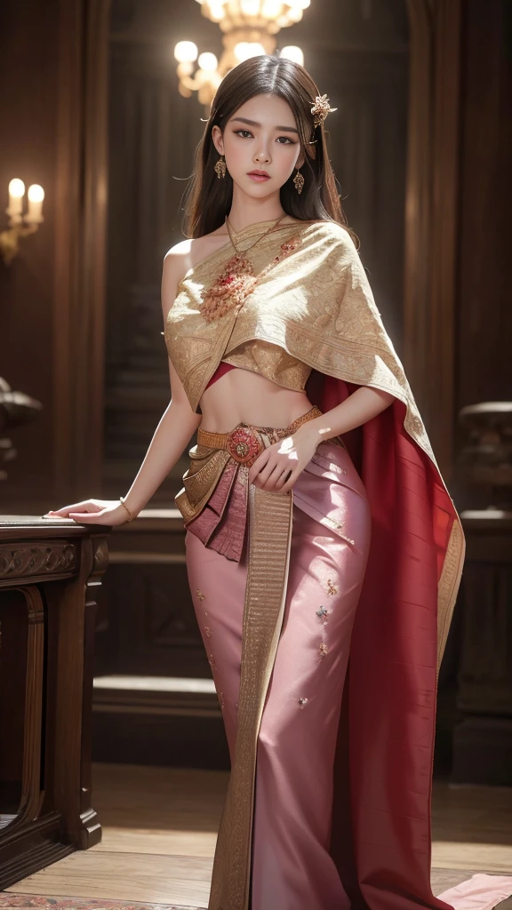 (raw photos:1.2), (realistic:1.4), (Masterpiece:1.3), (best quality:1.4), Ultra high resolution, (Detailed eyes), (Detailed facial features), (Detailed clothing features), HDR, 8K resolution, Focus only, Dressing according to Thai tradition, traditional shawl , 1 woman , Huge breasts, A gigantic rift, Big breasts push up clothes, big breast, fully grown breasts, small waist, Long legs, Facing the audience, Full body, depth of field, Cinema-grade lighting,