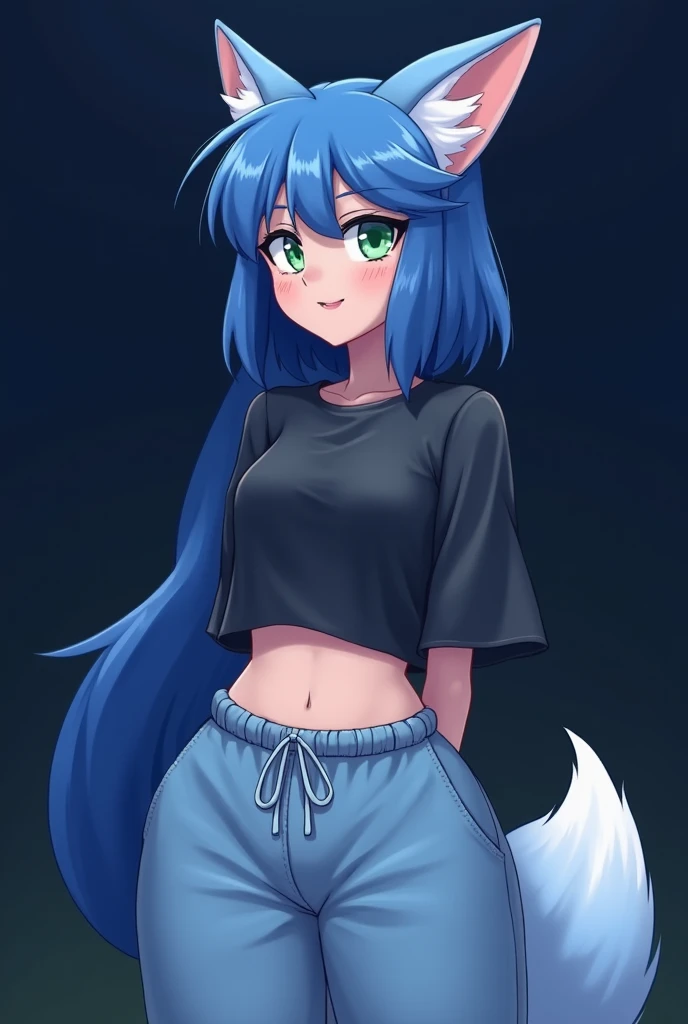 (Masterpiece) (High Detail) (High Res) A close up of a short humanoid girl with pale human skin and blue eyes and long blue hair and blue dog ears and a fluffy blue dog tail and average breasts. She is stood in a park wearing a oversized baggy rainbow sequin cropped t-shirt and a denim short-shorts. She has her hands behind her back out of shot. She has blushing cheeks. There is a pride parade with rainbow flags and rainbow clothes all around.
