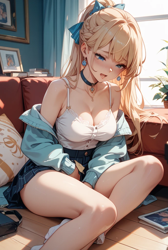 Anime Kawaii sexy Perfect Slim sensual body large breast and huge thighs, An intricate and highly detailed illustration of anime (Young girl)  work of art, better_品質, 1 girl, darkskin_female, blond_eyeballs, rot_eyeballs, big fit ass_breastsout, betterar, make up, Shorts, JEANS_Shorts, hackear_main, へそ, tummy, toned, (abdomen:0.8),