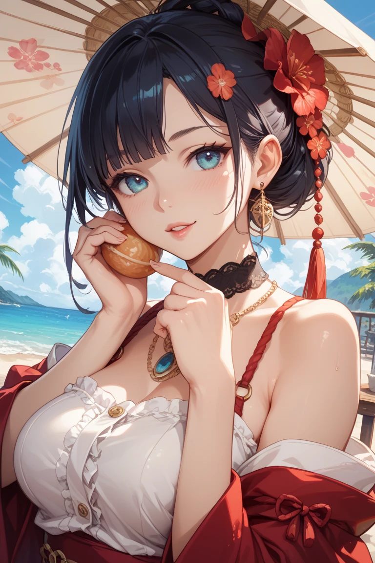 Adult woman, long black hair, blue eyes, open kimono, open breasts, big breasts, smile, masterpiece, high quality