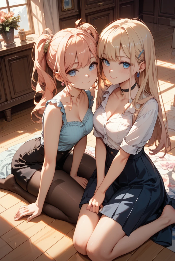 (Tabletop, highest quality, High resolution, , Perfect Pixel, 4k,), 1 girl, single, alone, Beautiful woman、I could see the whole body、 ((blonde, side ponytail)), ((Green Eyes, Beautiful eyelashes, Realistic eyes)), ((Detailed face, blush:1.2)), ((Smooth texture:0.75, Realistic texture:0.65, Realistic:1.1, Anime CG Style)), Medium breast, Dynamic Angle, Perfect body, ((, beige off shoulder sweater、Tight denim skirt、Black Stockings、Cute Necklace、Earrings、)), Upper grades、A shy smile、Luxury hotel room、Lie on your back in bed、((Leg spread))、Angle from below、Cross your arms to highlight your cleavage、、((Pink lace panties are visible))、