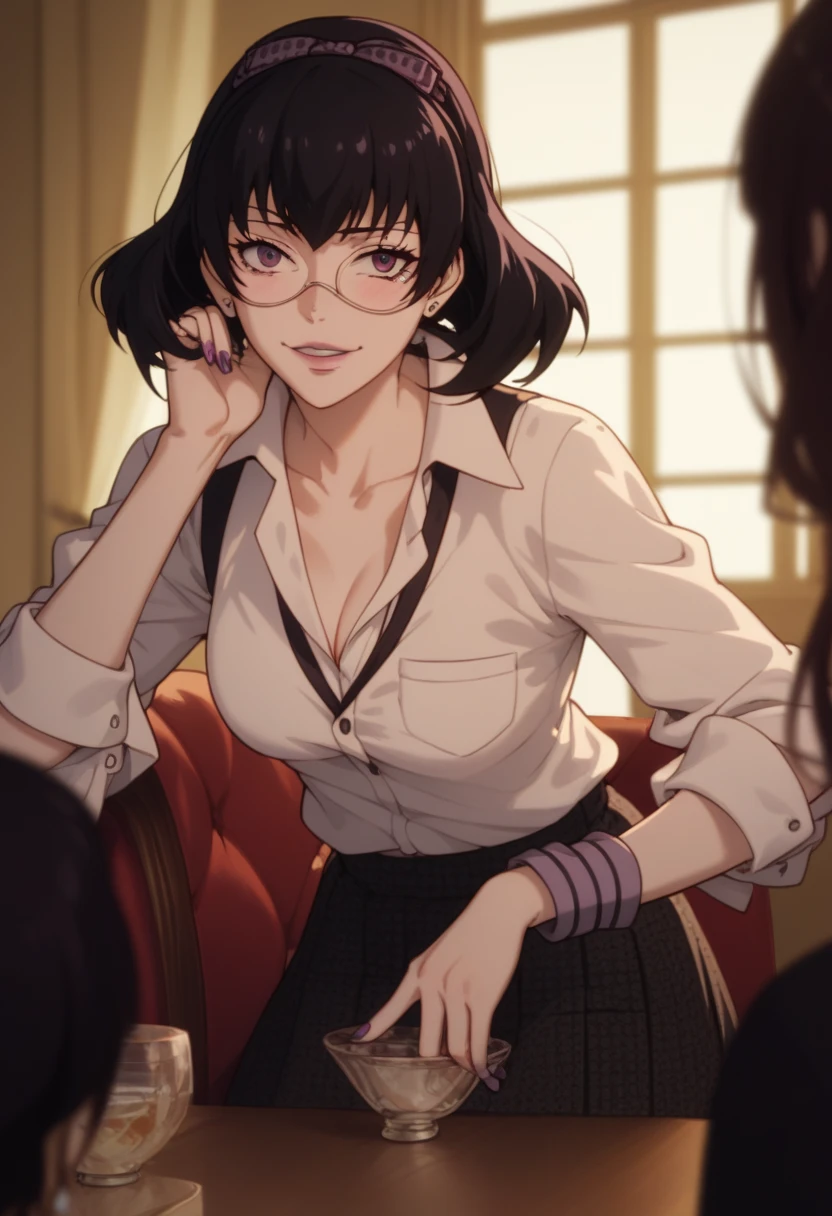 20 year old woman、black hair、very short hair、big smile、cleavage、clothes with open chest、(high top fade:1.3)、dark theme、mute tone、calm colors、high contrast、(natural skin texture、hyper realism、soft light、sharp) 黒のskirt, (青いsweater:1.5), long sleeve, off shoulder, off shouldersweater, plump sleeves, skirt, sweater, white ribbon,wearing glasses,
